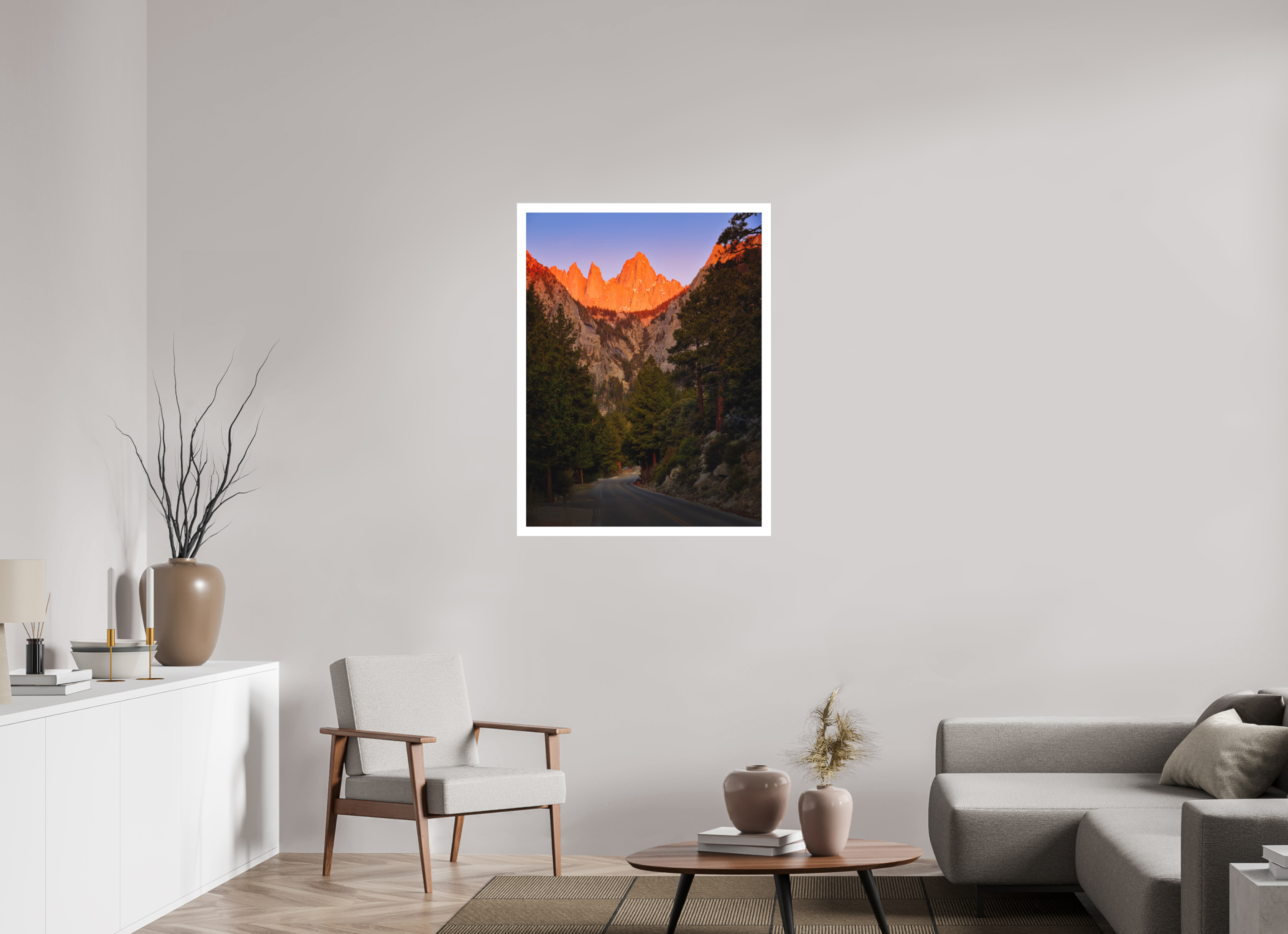 30 x 40″, Fine Art Bonded Acrylic Alpenglow on Mt. Whitney & Portal Road