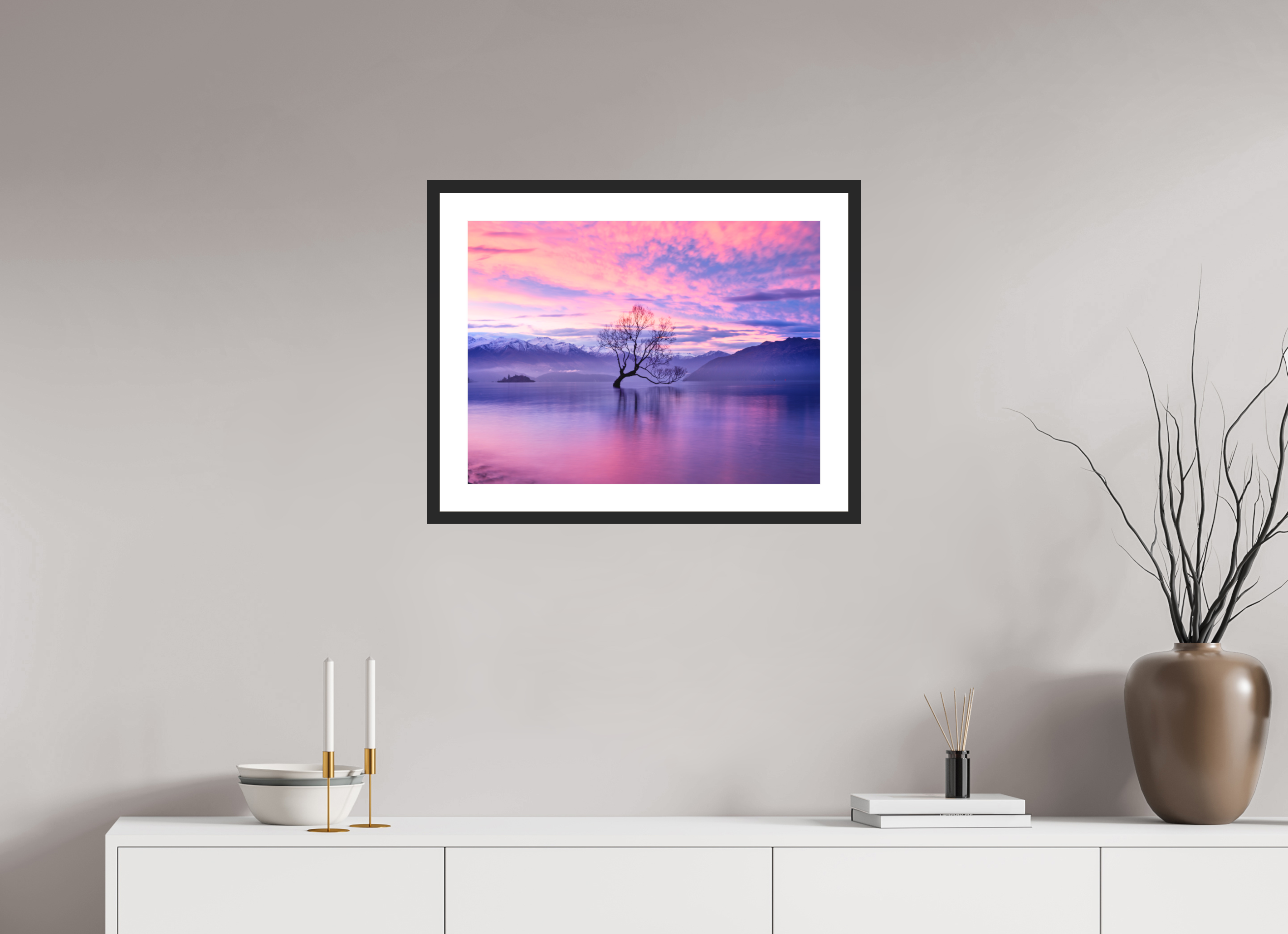 24 x 18″, Passe-Partout Black Frame Wanaka II: The Wanaka Tree Beneath a Brilliant Sunset