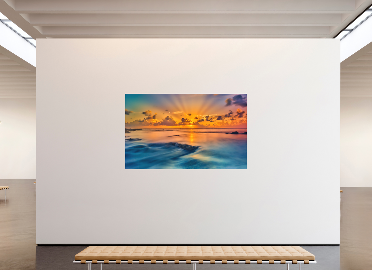 82.6 x 51″, Bonded Acrylic Gold Frame Diluvian: Bora Bora Reefside Sunrise