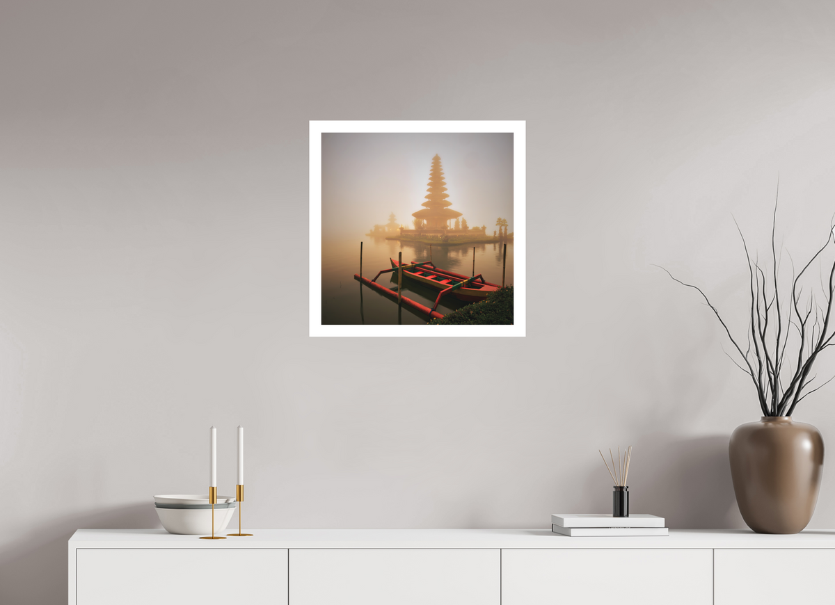 20 x 20″, Bonded Acrylic Mat + White Frame Bali: Temple  Pura Ulun Danu Bratan