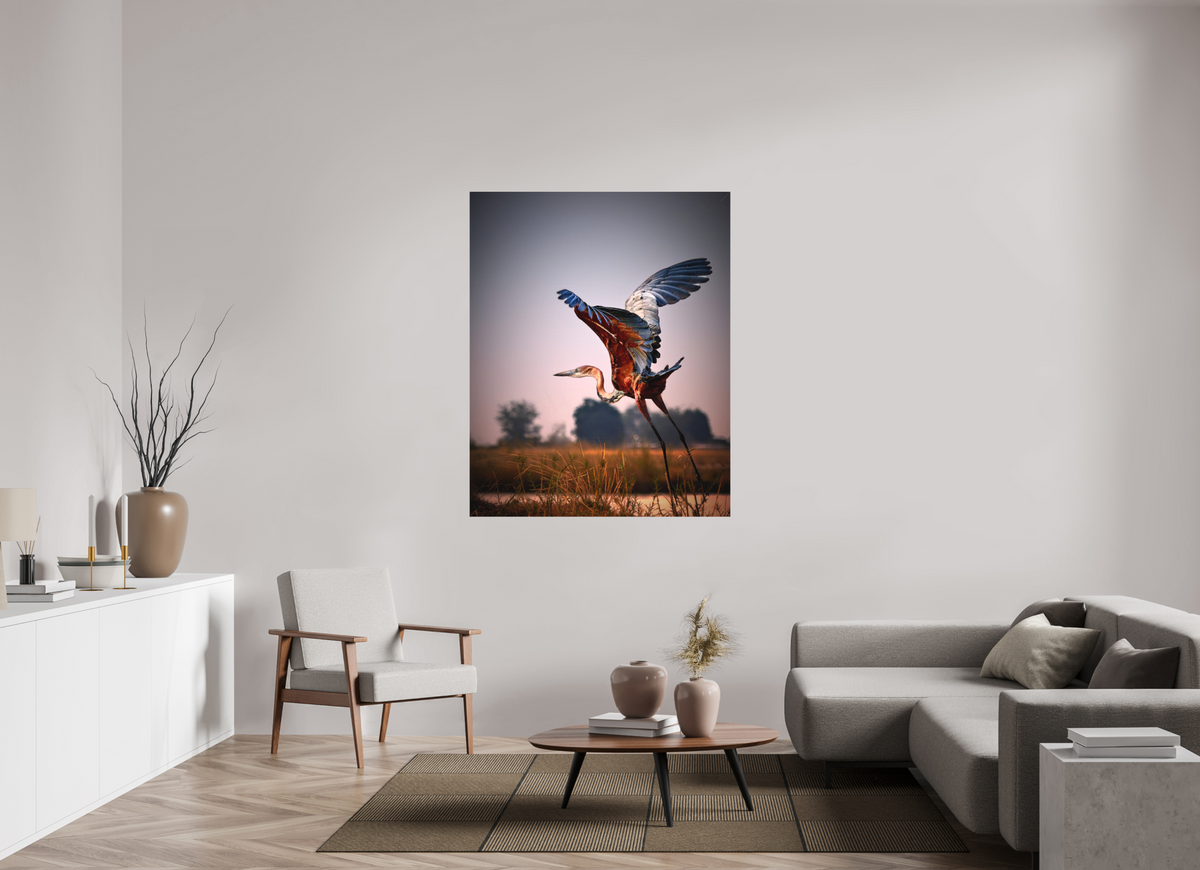 44 x 55″, Fine Art Textile Goliath Heron Takes Flight on the Chobe River