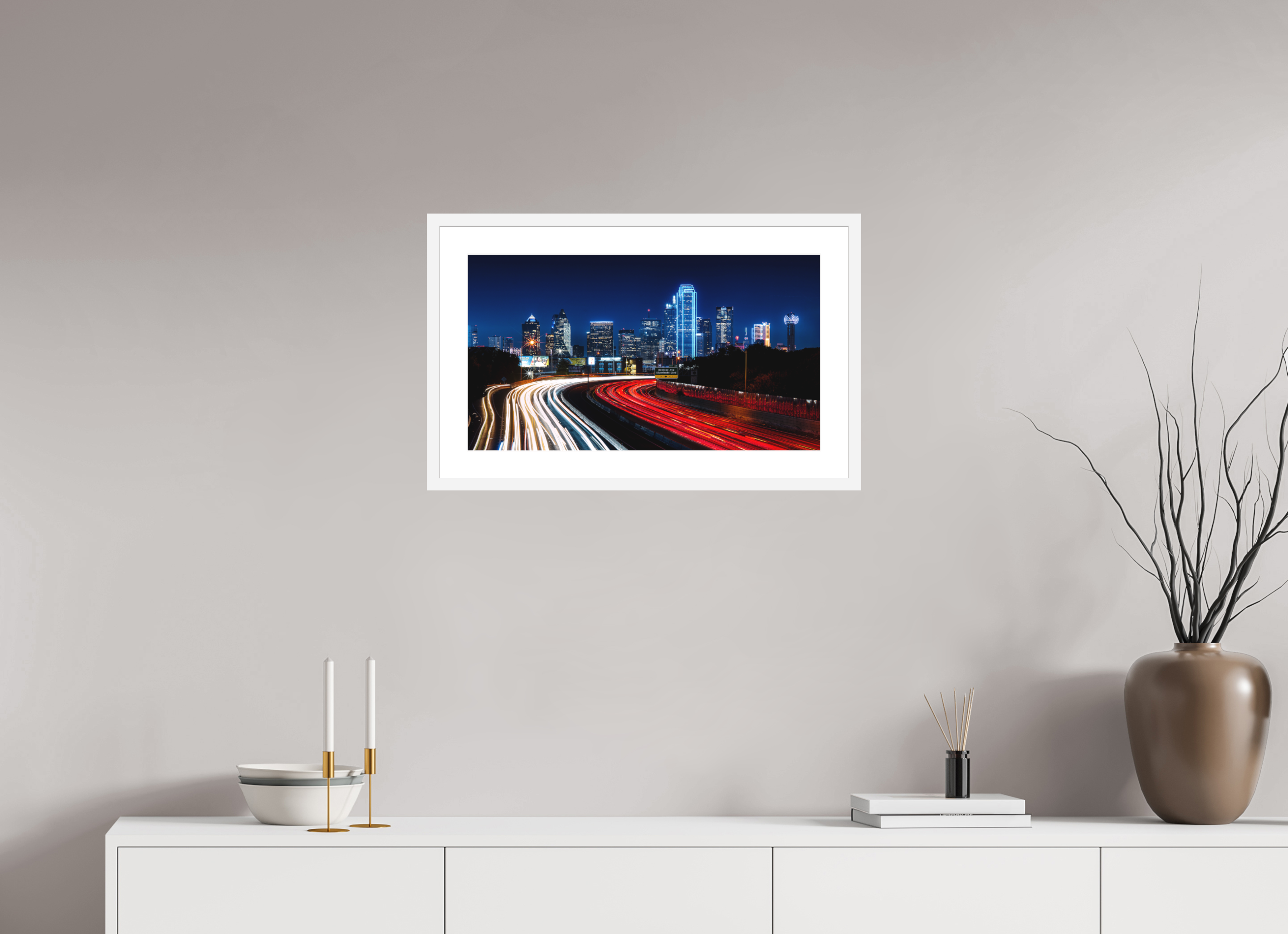 24 x 13.5″, Passe-Partout White Frame Dallas Night Skyline: The Edgefield Prospect