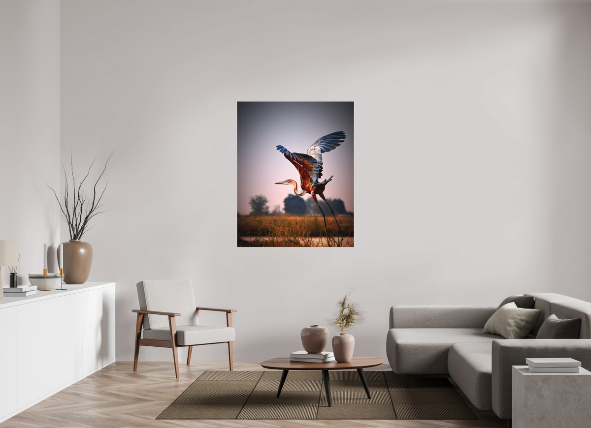40 x 50″, Fine Art Textile Goliath Heron Takes Flight on the Chobe River