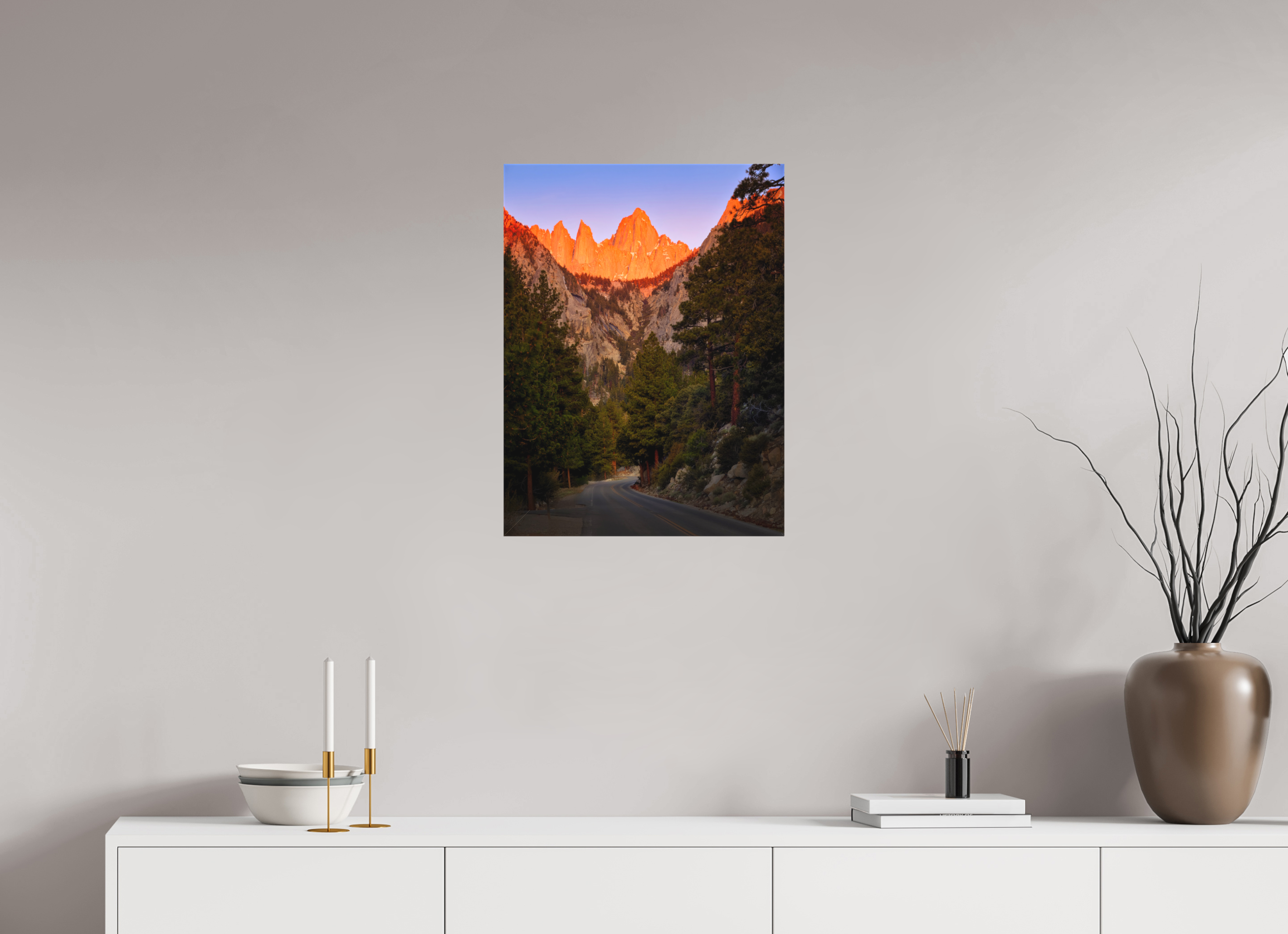 18 x 24″, Fine Art Textile Alpenglow on Mt. Whitney & Portal Road