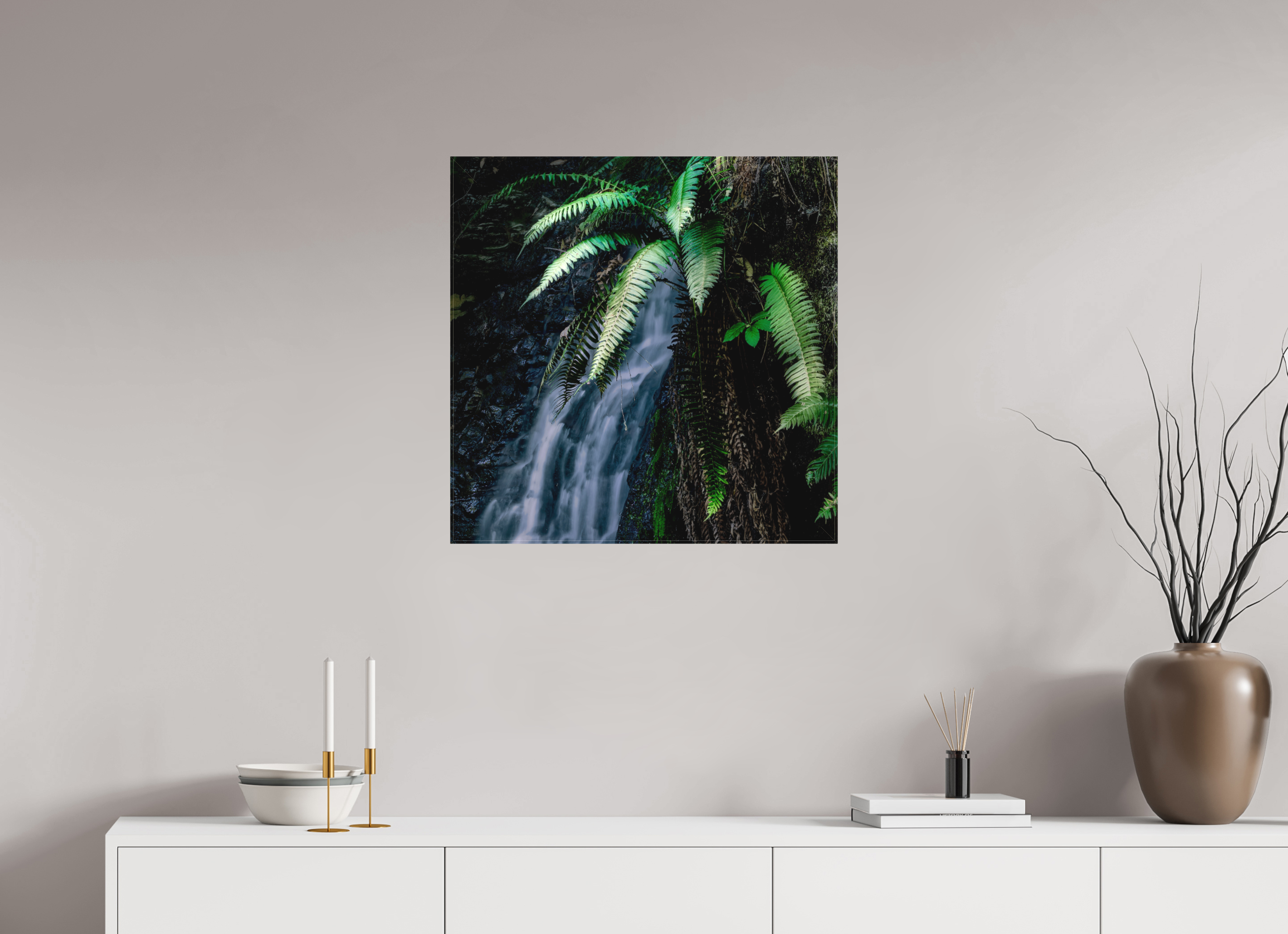25 x 25″, Fine Art Textile Sword Ferns on Tiptoe FallsI