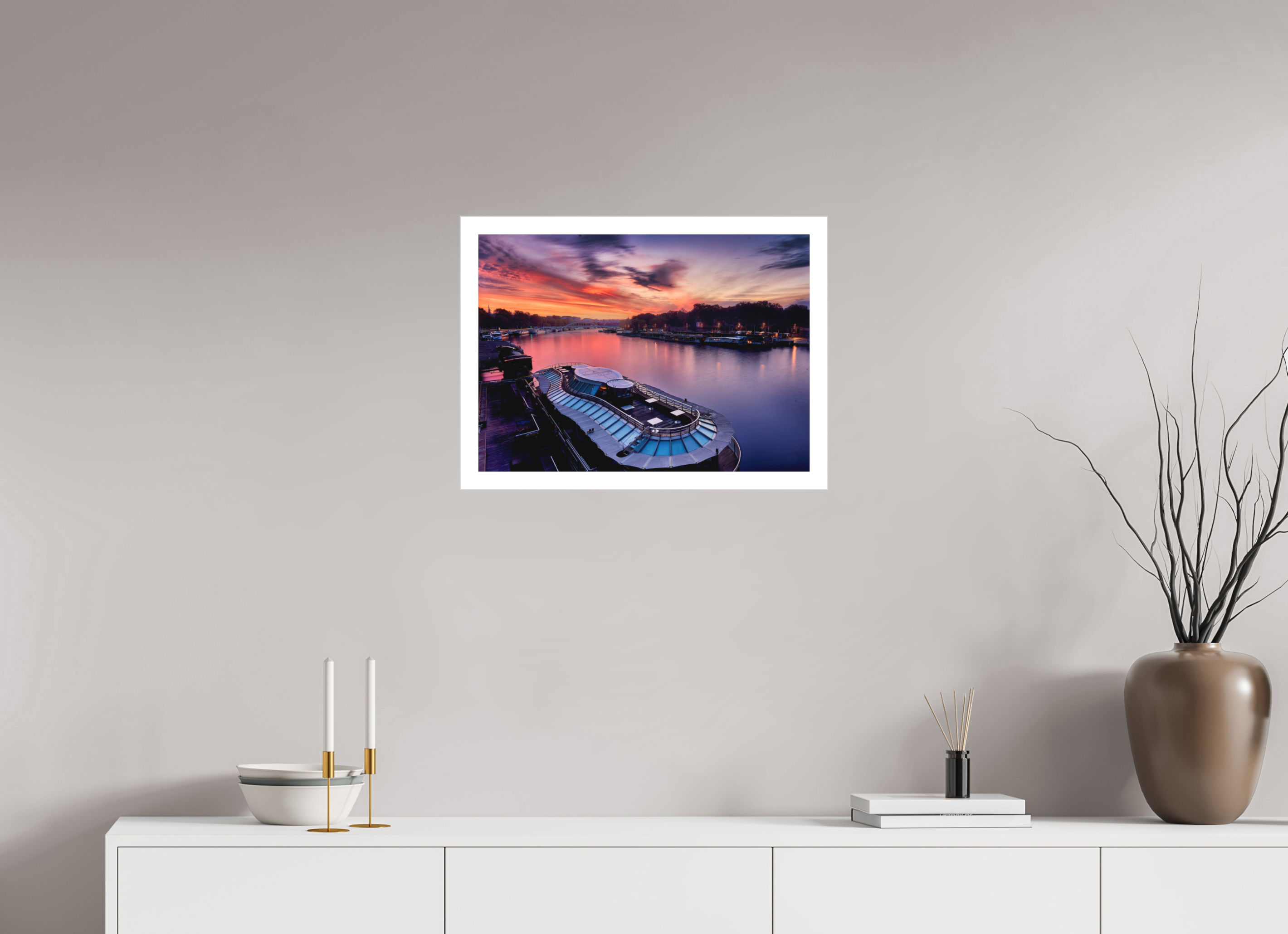 22.3 x 16″, Fine Art Bonded Acrylic Canal Boats On the River Seine at Dawn