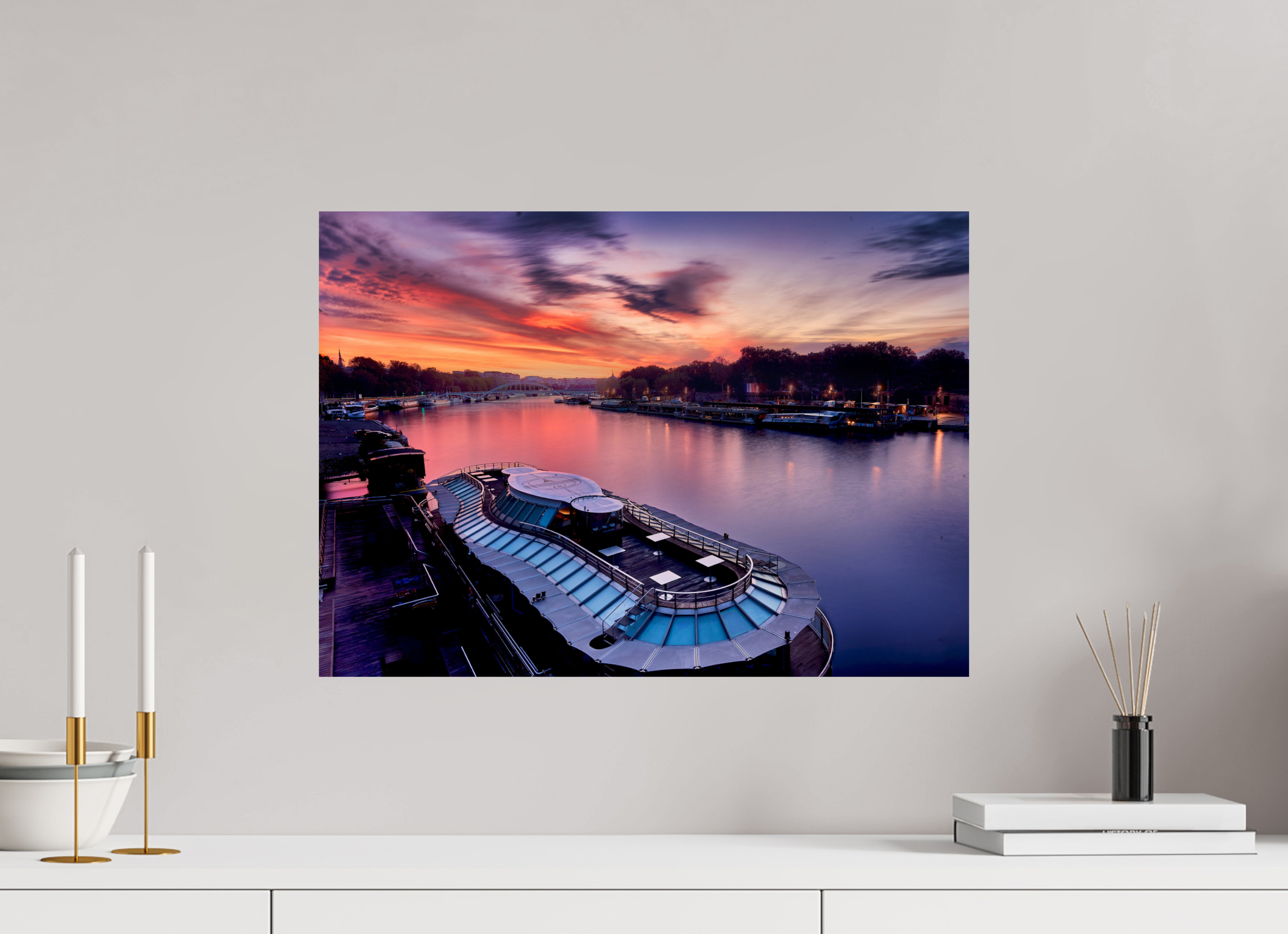22.3 x 16″, Giclée Alu-Dibond Canal Boats On the River Seine at Dawn