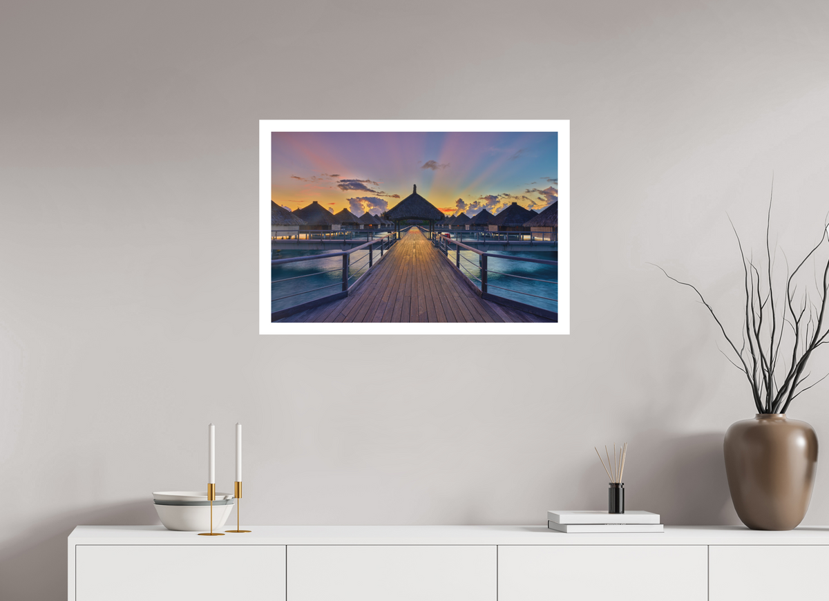 30 x 20″, Bonded Acrylic Mat + White Frame Sunrise Over Bora Bora Overwater Bungalows