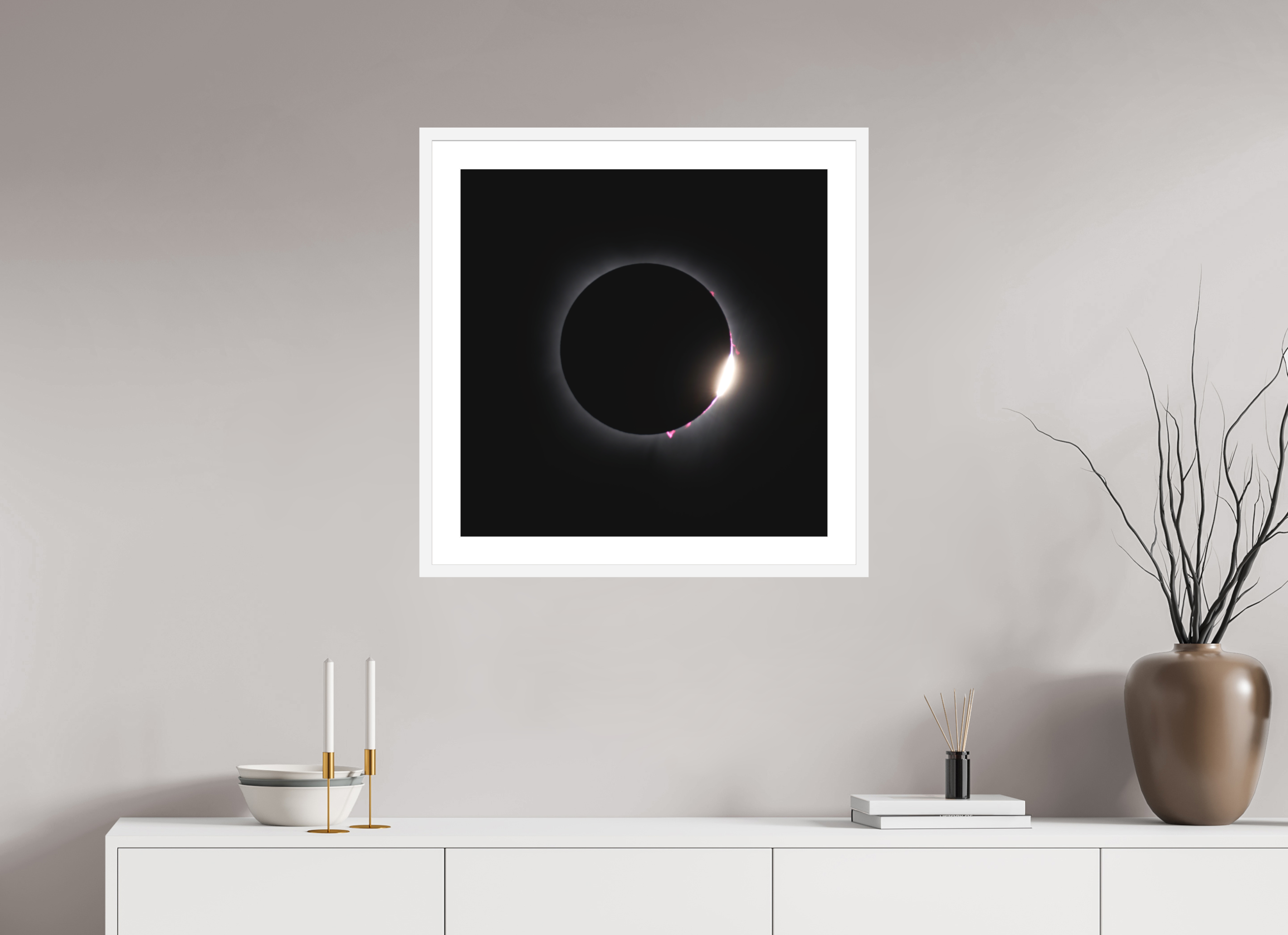 25 x 25″, Passe-Partout White Frame 2024 Eclipse: Diamond Ring & Baily's Beads [OLD]