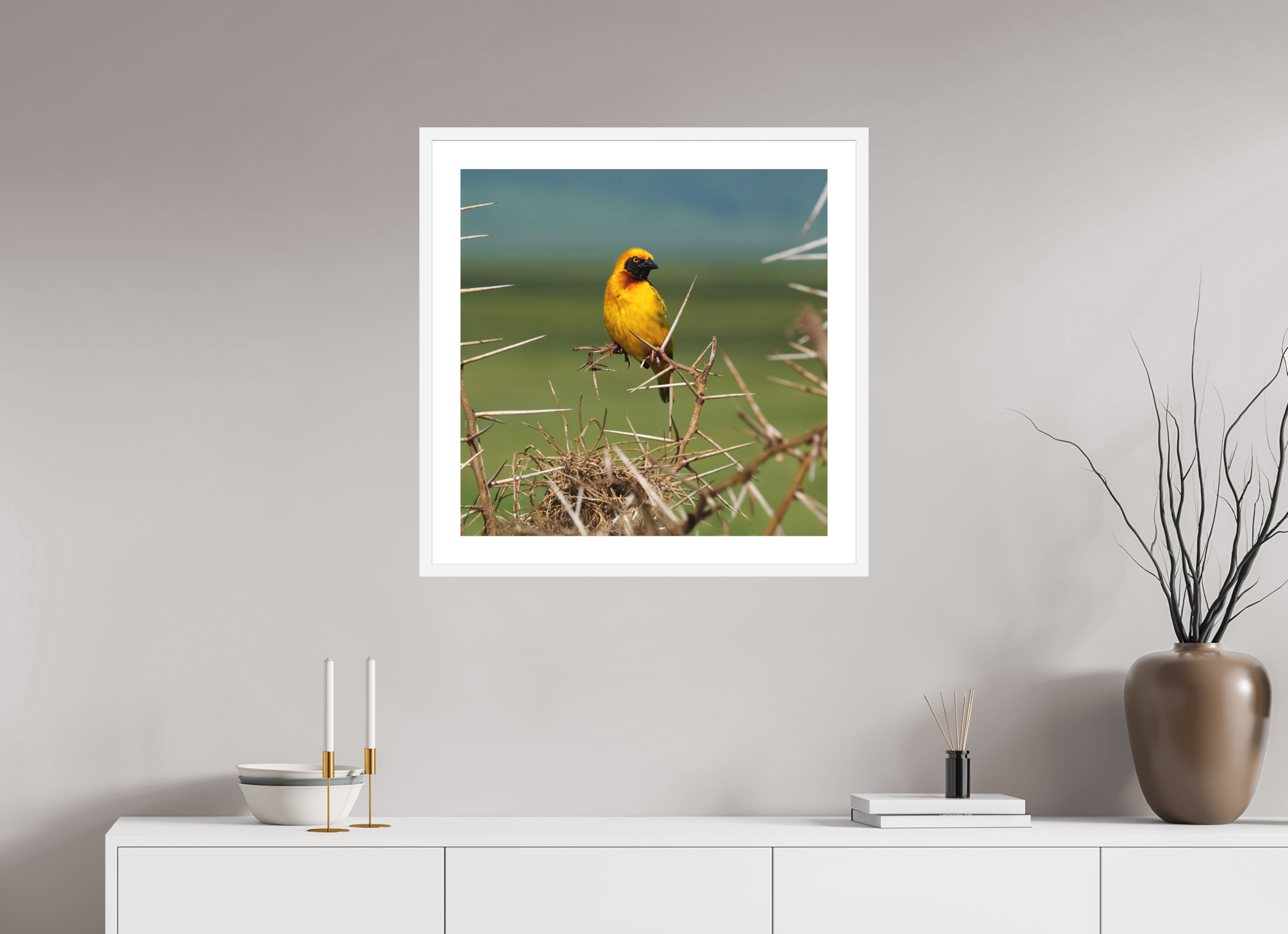 25 x 25″, Passe-Partout White Frame Afrcan Golden Weaver
