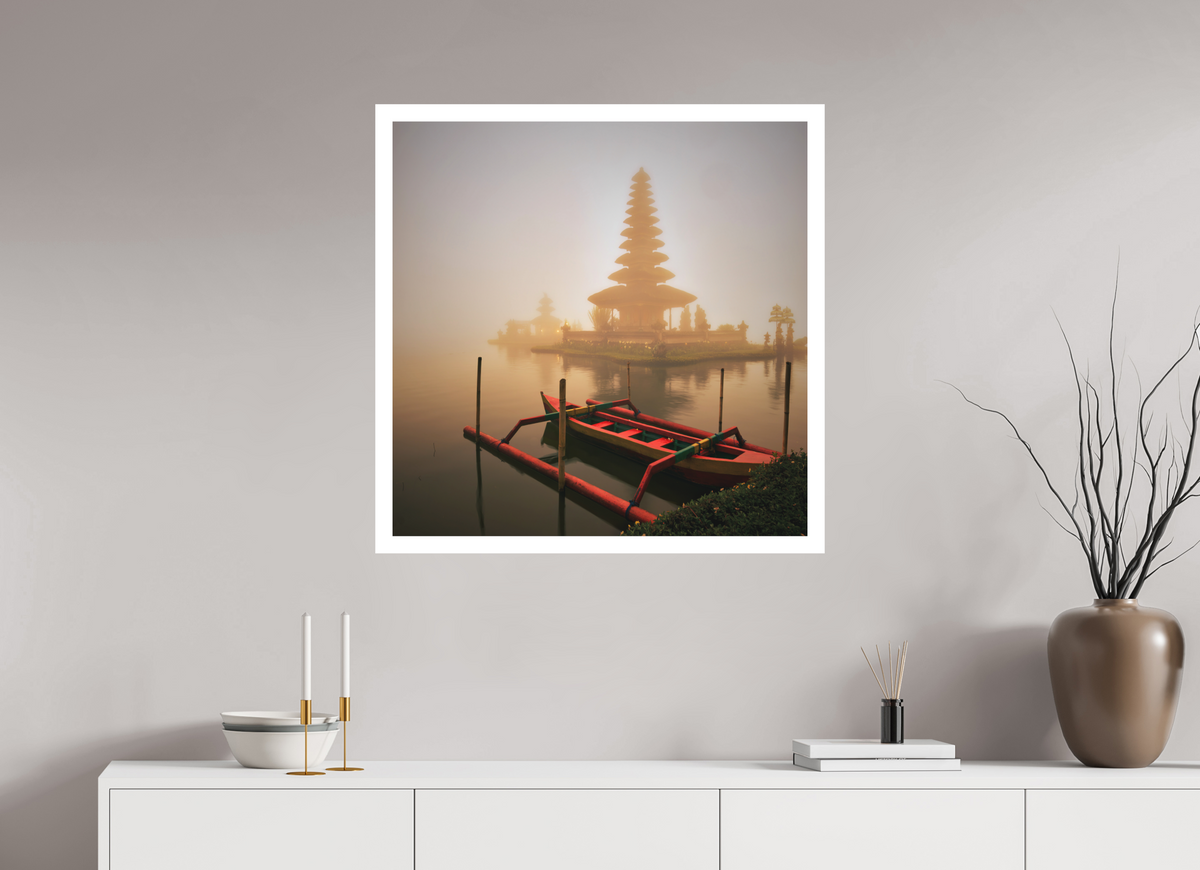 30 x 30″, Bonded Acrylic Mat + White Frame Bali: Temple  Pura Ulun Danu Bratan