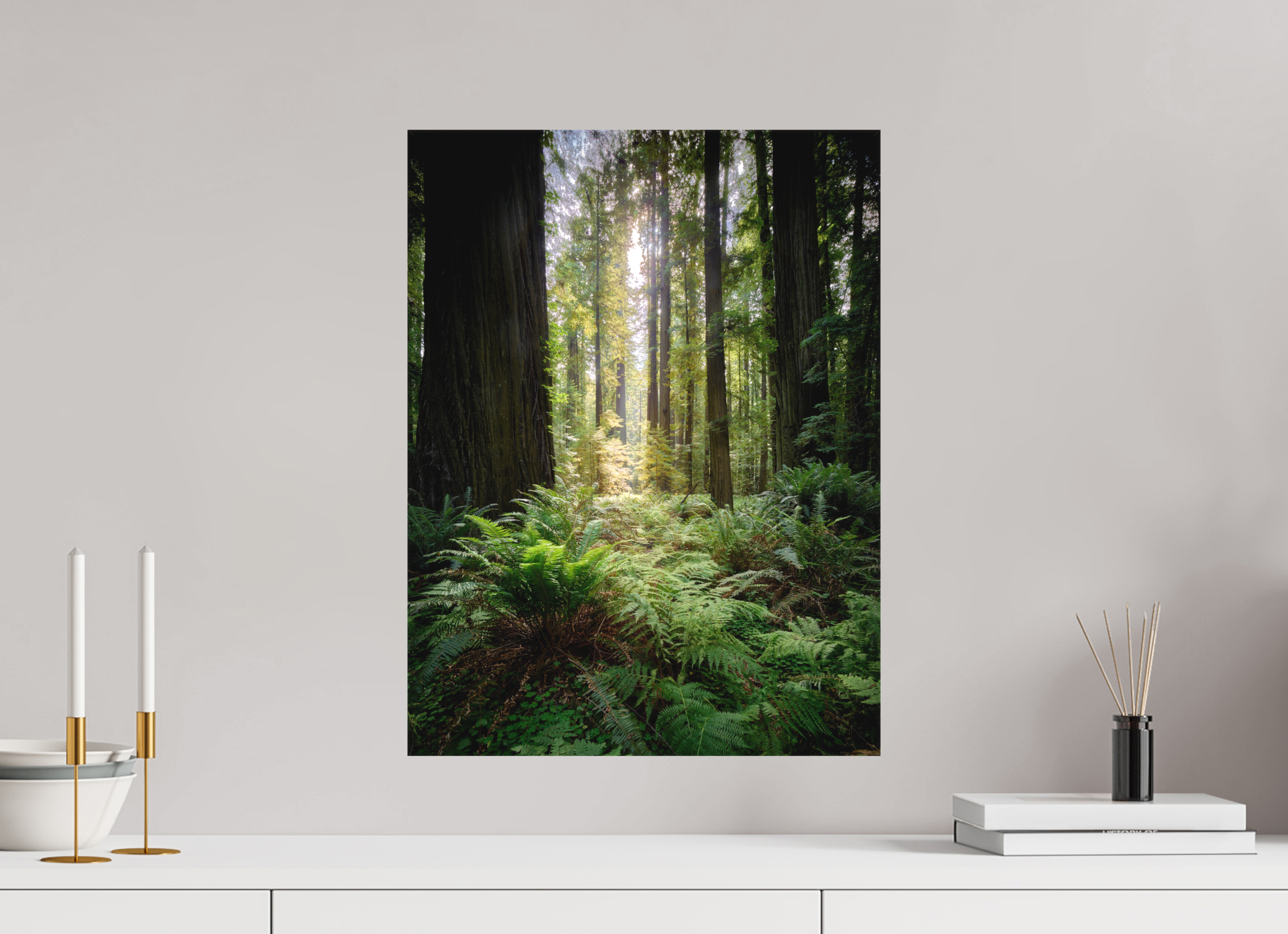 15 x 20″, Fine Art Textile Forest Light on Redwoods & Sword Ferns