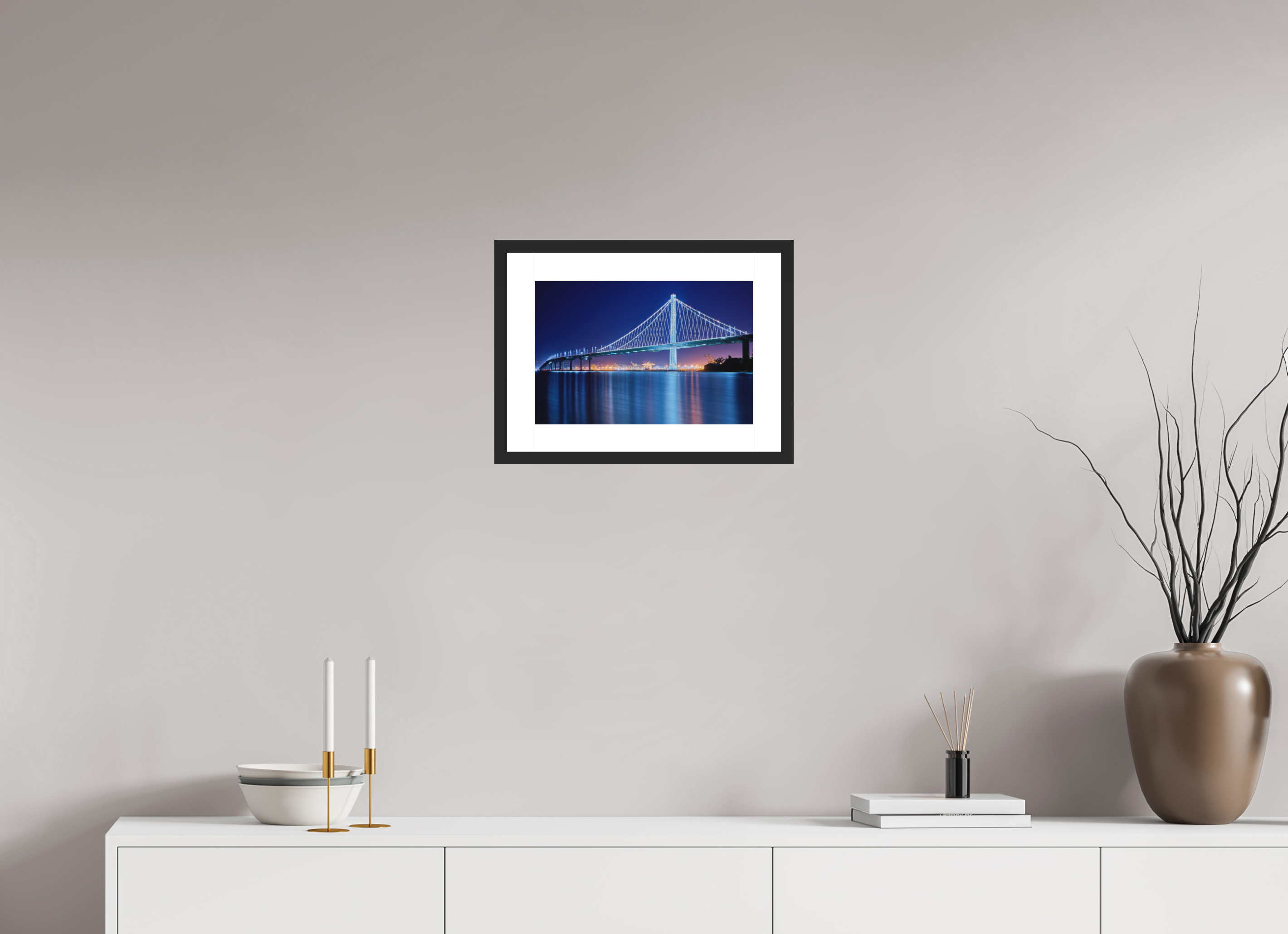 15 x 10″, Passe-Partout Black Frame The Bay Bridge at Night
