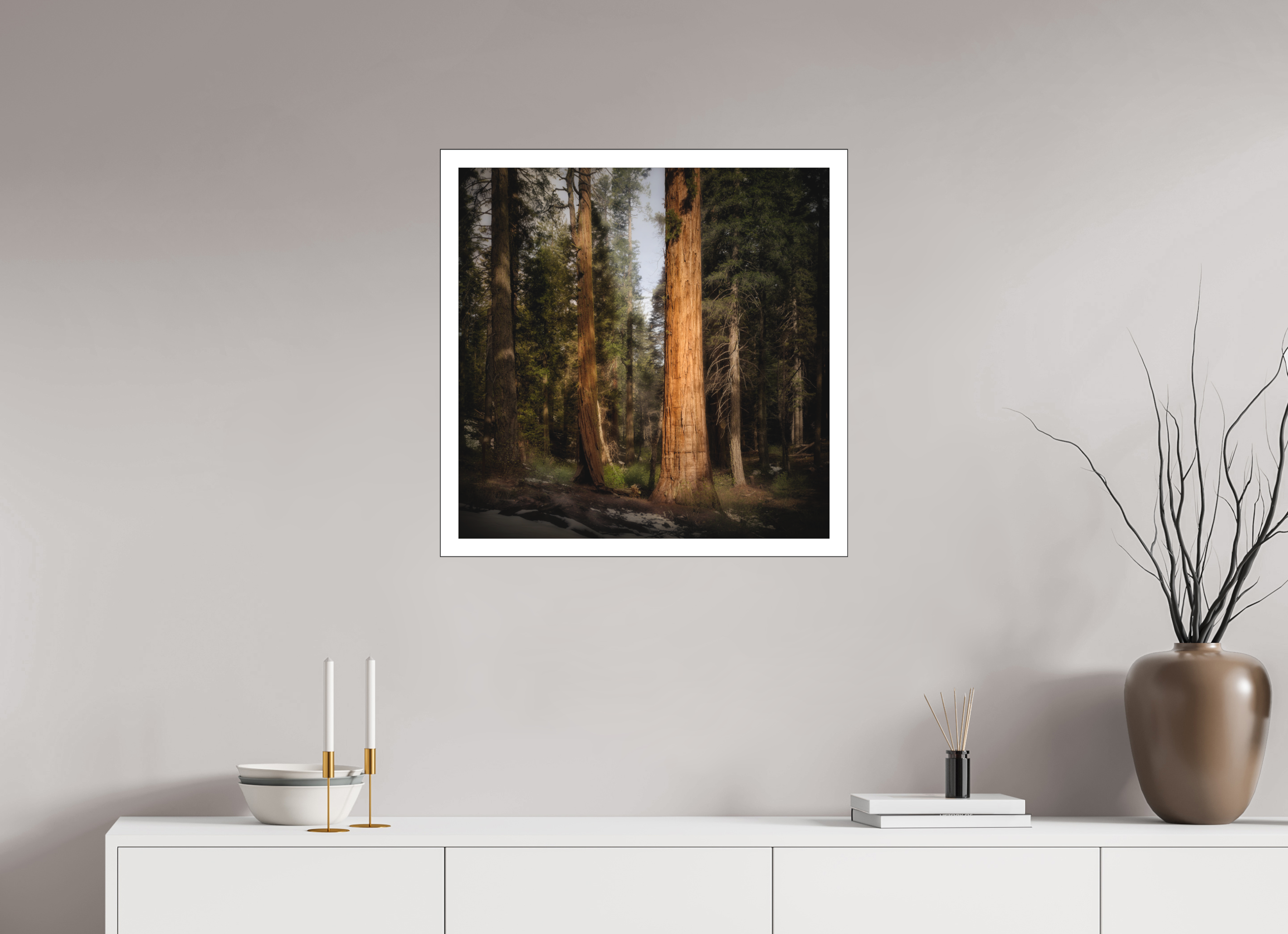 25 x 25″, Bonded Acrylic Mat + Black Frame Northern Sentinels I: The Placer County Sequoias