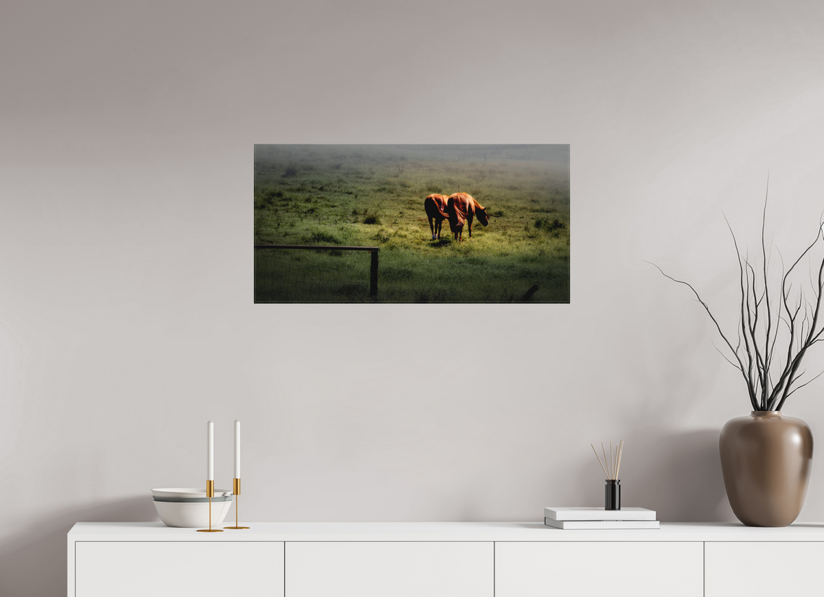 32 x 16″, Fine Art Textile Upcountry Maui: Horses in Mist & Light