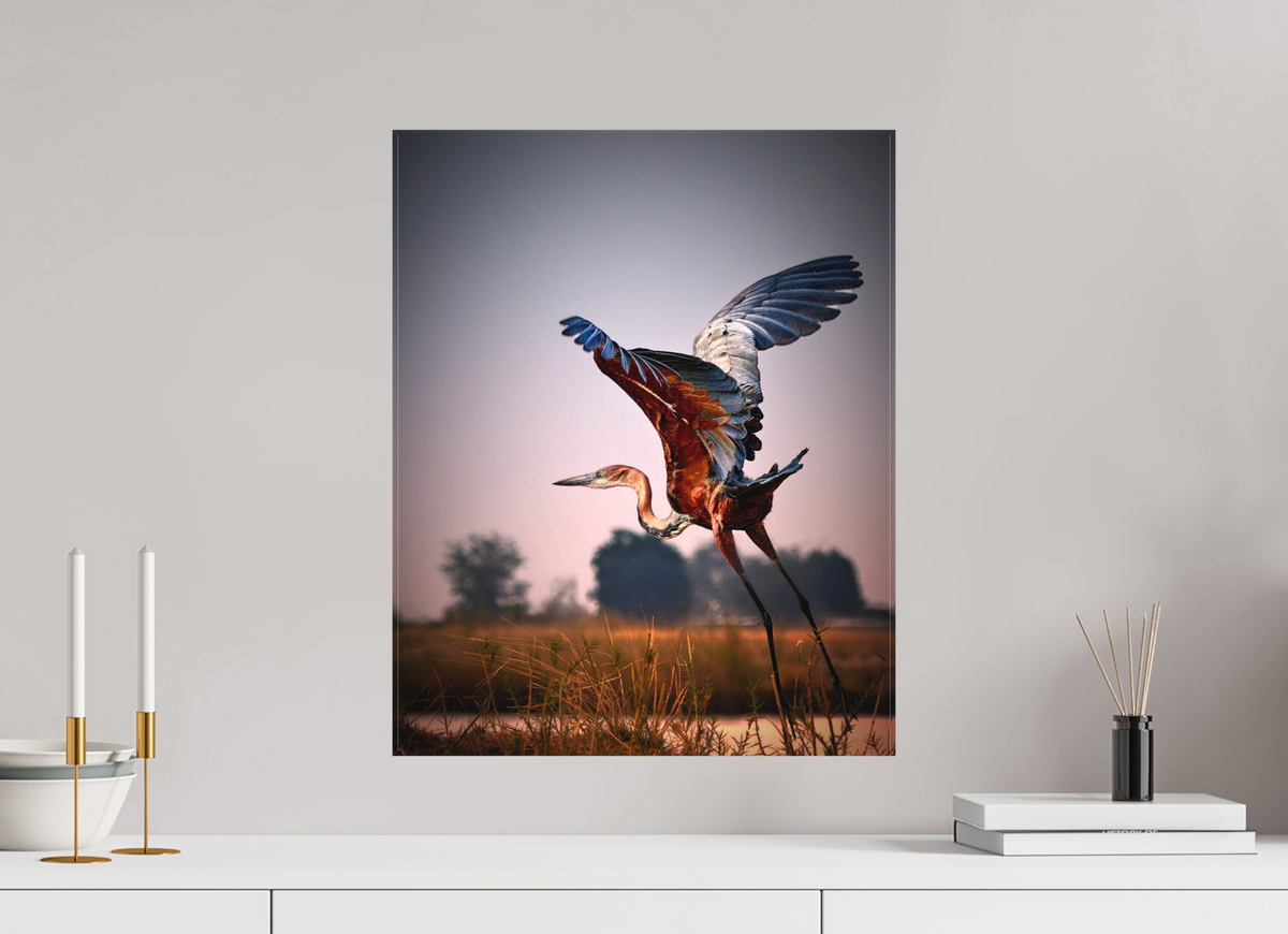 16 x 20″, Fine Art Textile Goliath Heron Takes Flight on the Chobe River