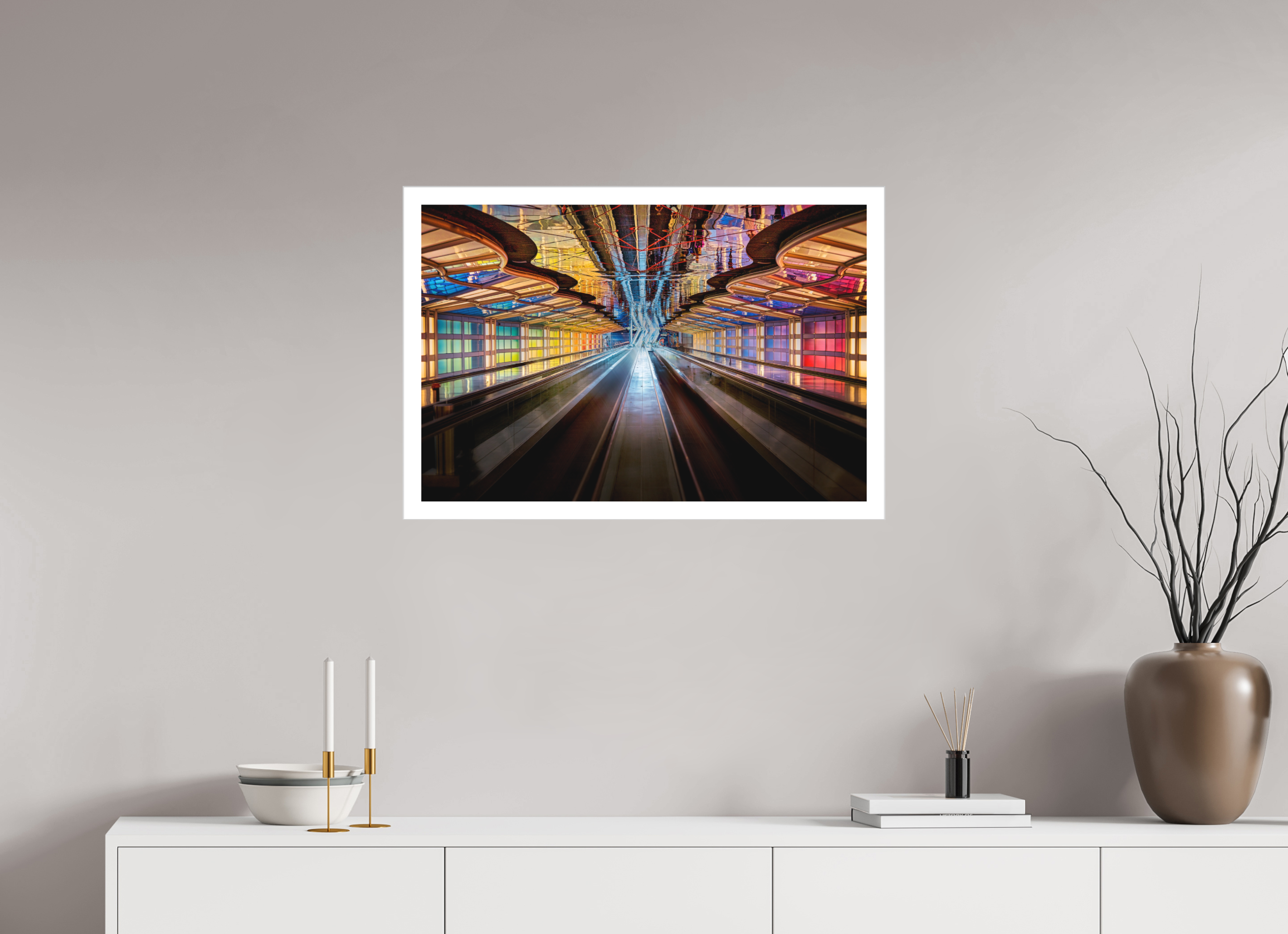 30 x 20″, Fine Art Bonded Acrylic Chicago O'Hare Airport's Neon Walkway