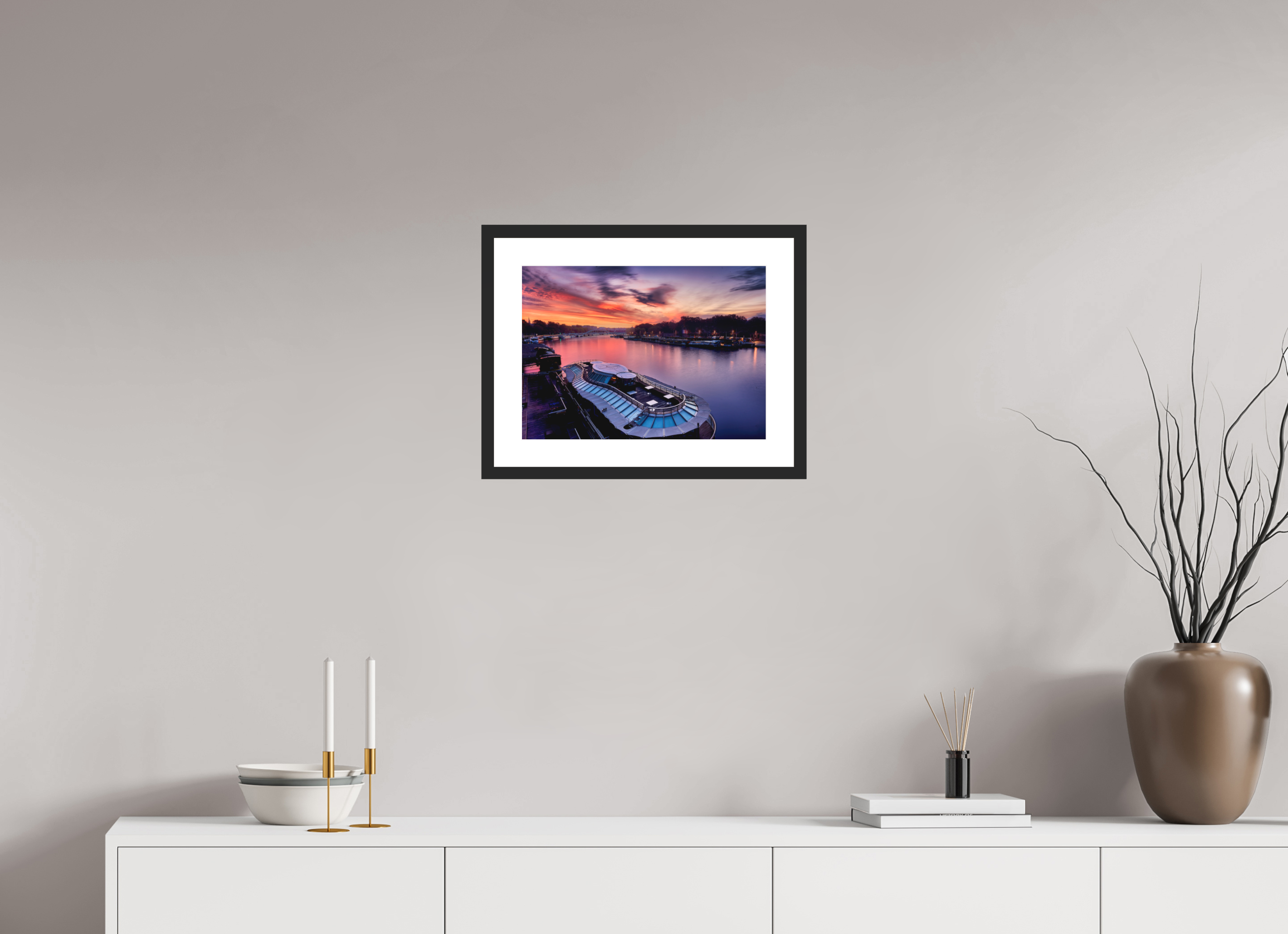 16.7 x 12″, Passe-Partout Black Frame Canal Boats On the River Seine at Dawn
