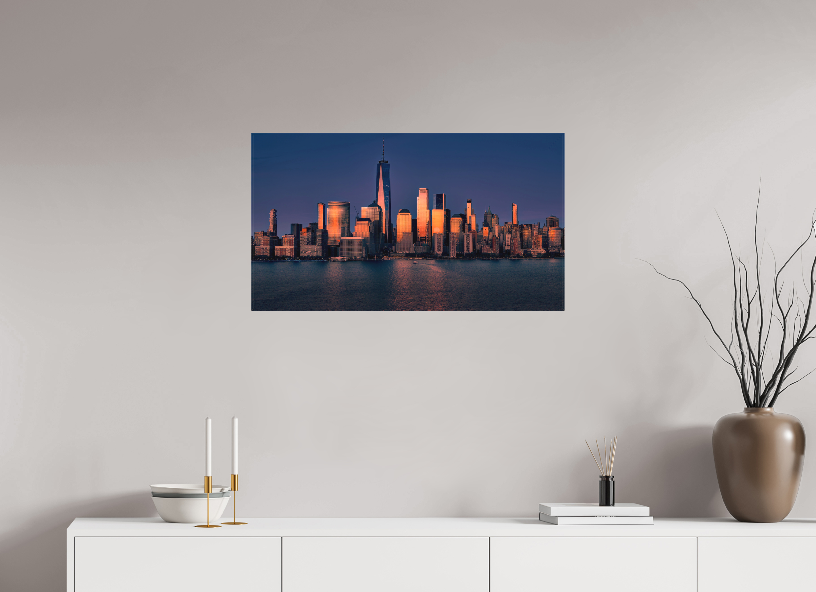 32 x 18″, Fine Art Textile Manhattan Reflects the End of the Day