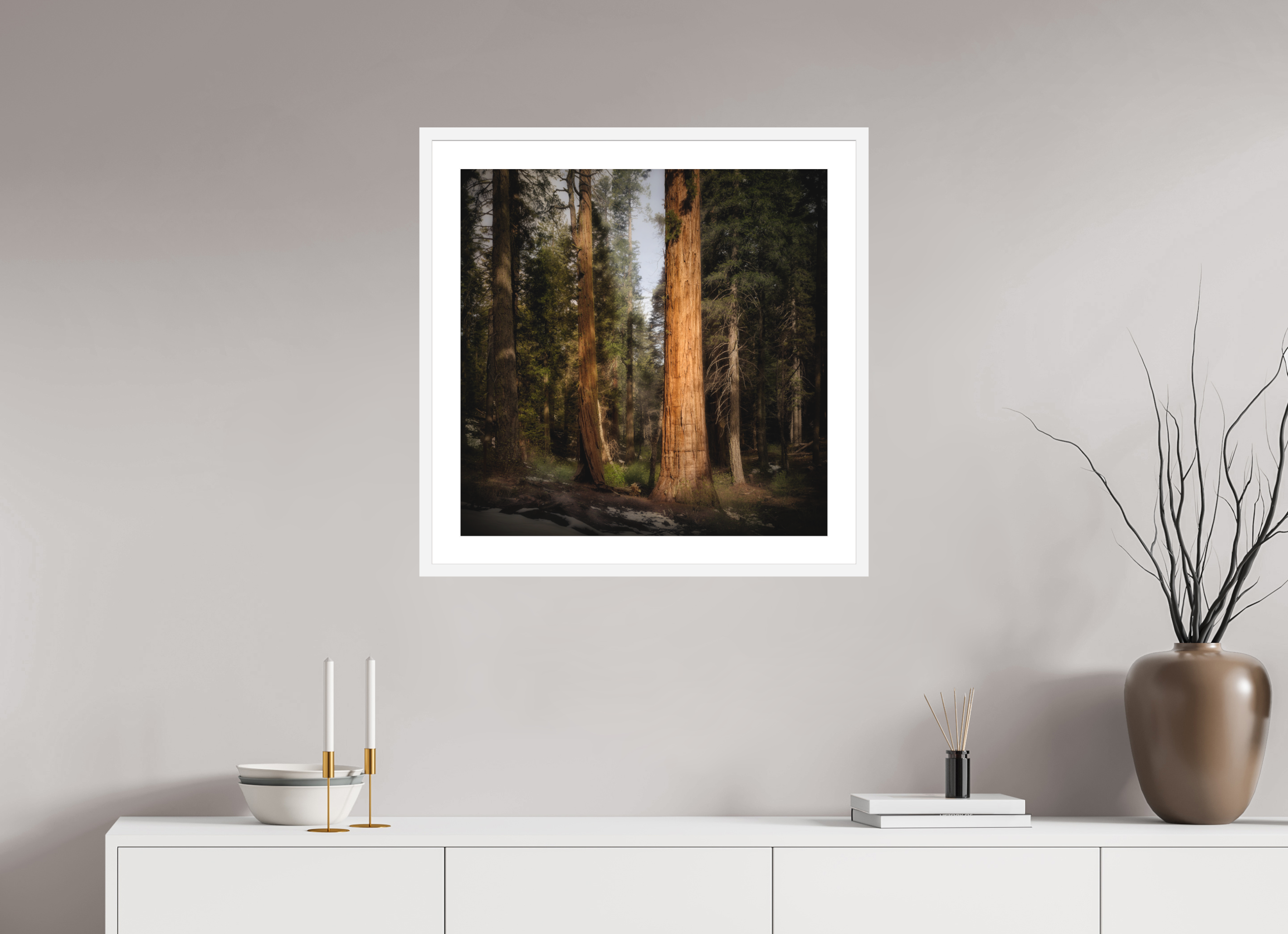 25 x 25″, Passe-Partout White Frame Northern Sentinels I: The Placer County Sequoias