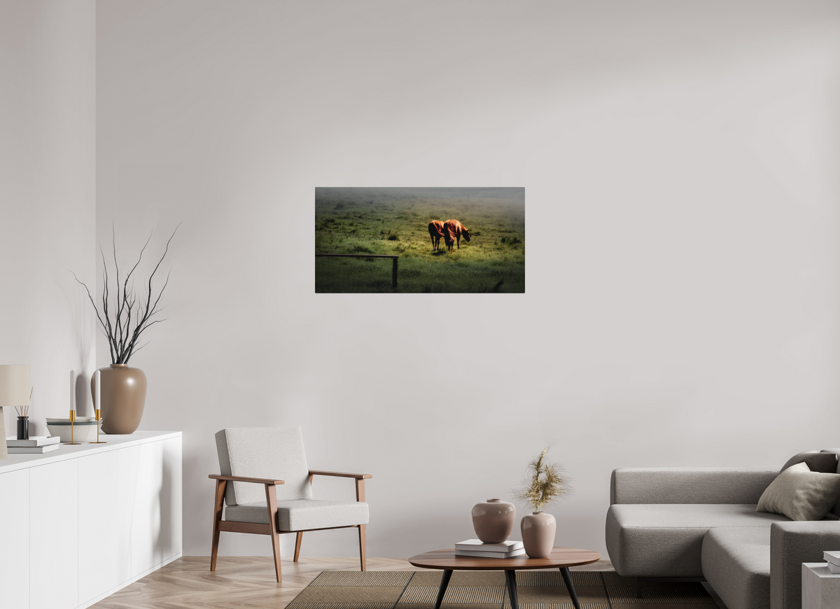 40 x 20″, Fine Art Textile Upcountry Maui: Horses in Mist & Light