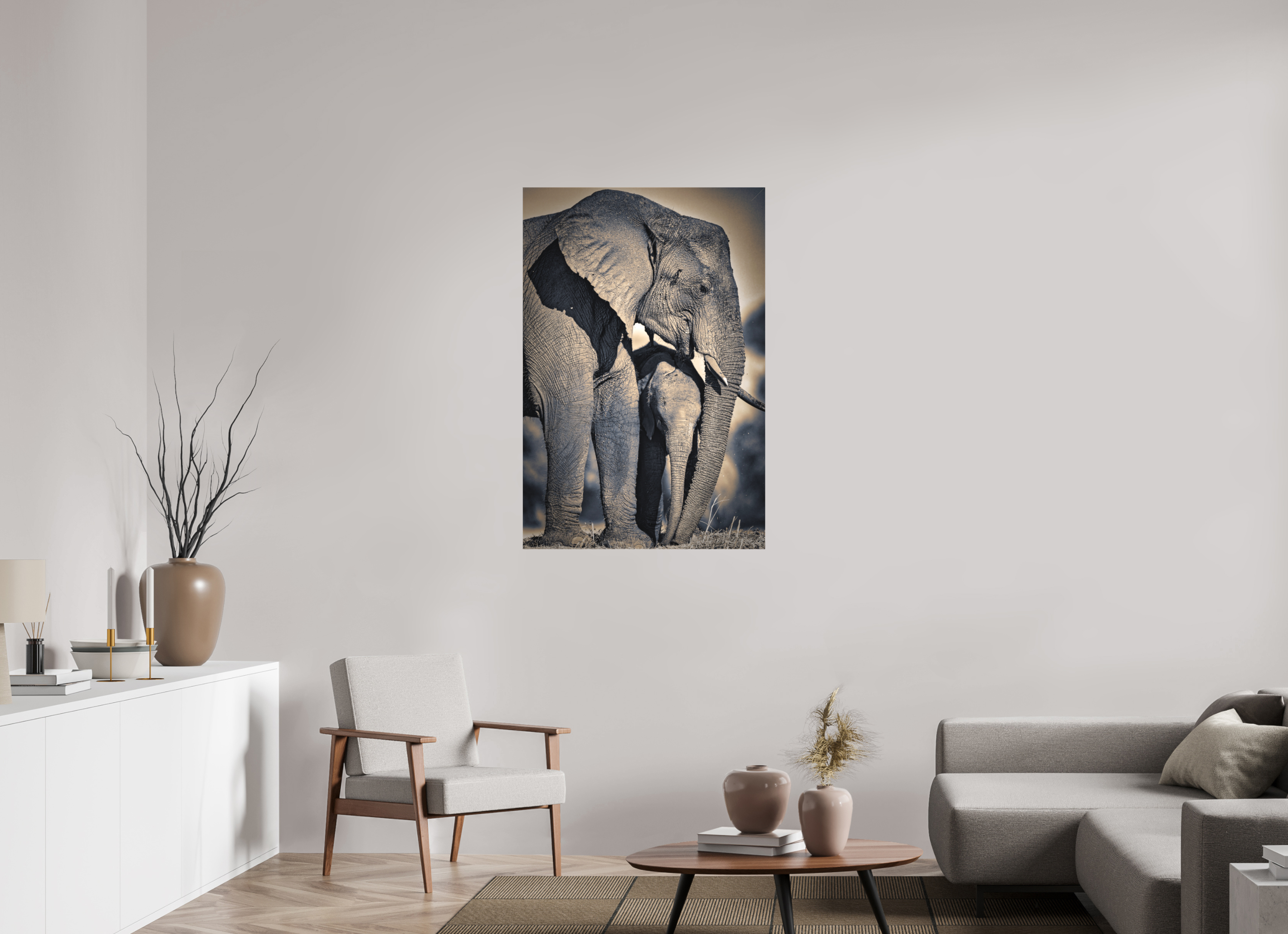 30 x 45″, Fine Art Textile Mother Elephant & Calf