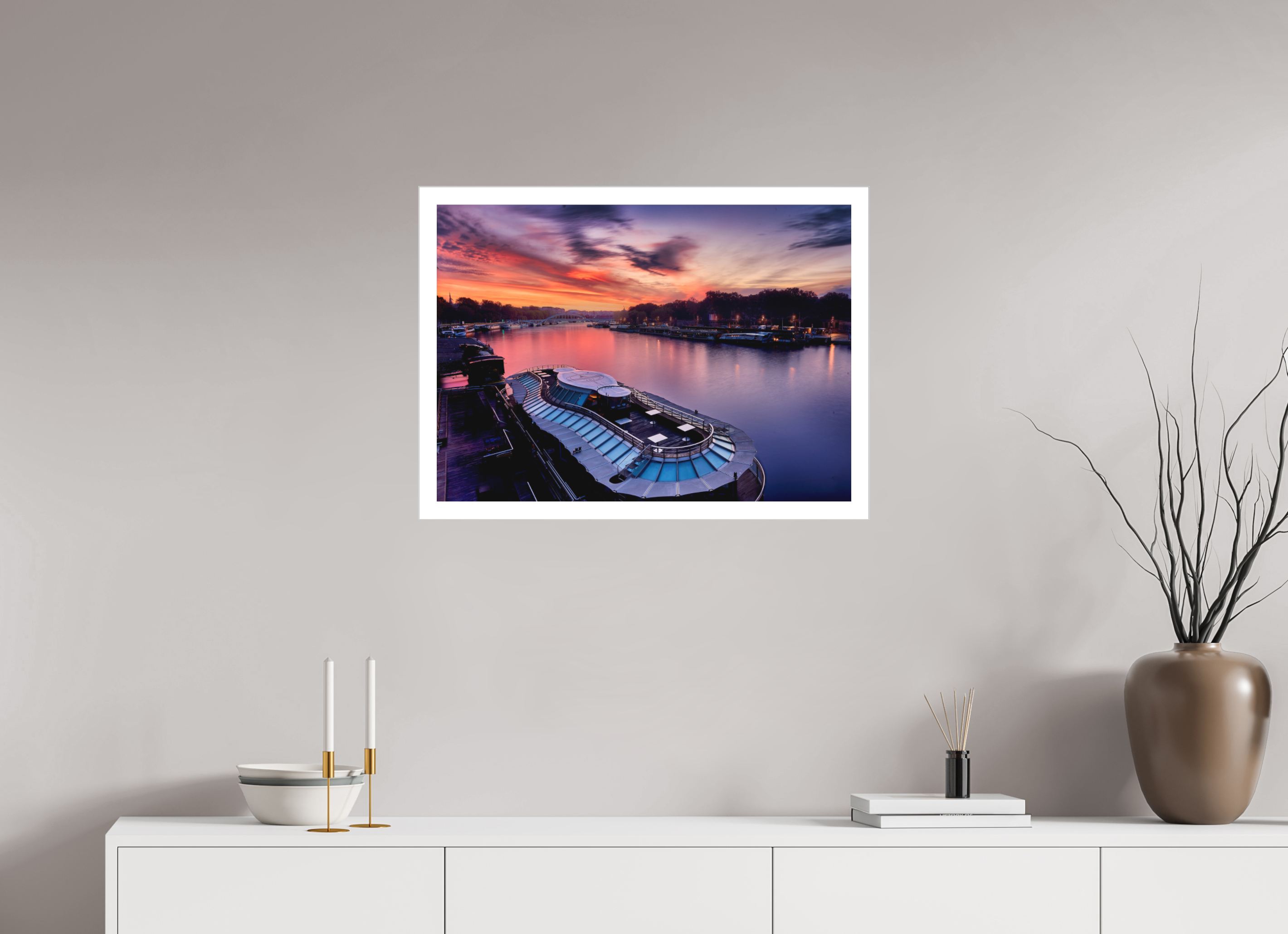 27.9 x 20″, Fine Art Bonded Acrylic Canal Boats On the River Seine at Dawn