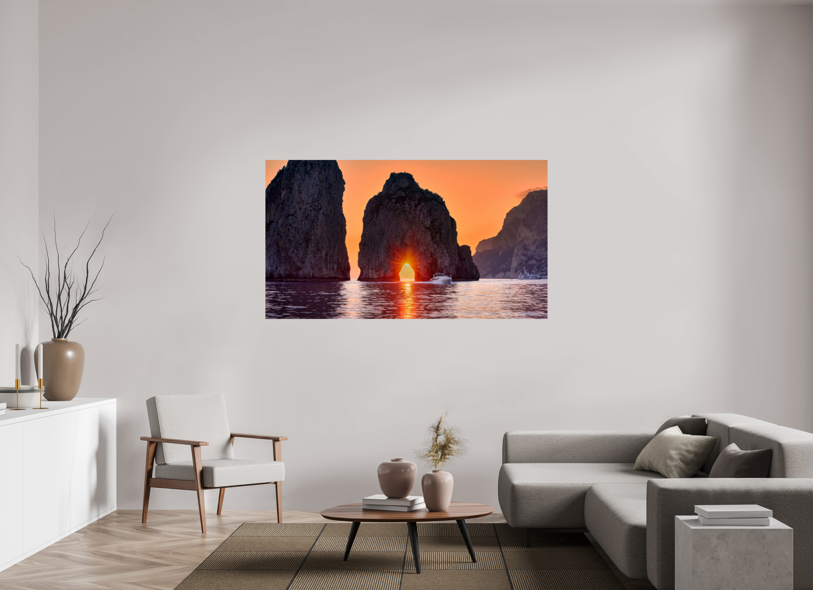 70 x 39.4″, Giclée Alu-Dibond Leaving Capri—Faraglioni Sunstar at Sunset