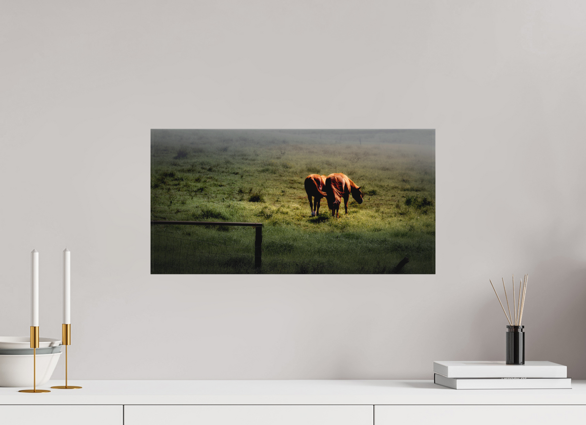 20 x 10″, Fine Art Textile Upcountry Maui: Horses in Mist & Light