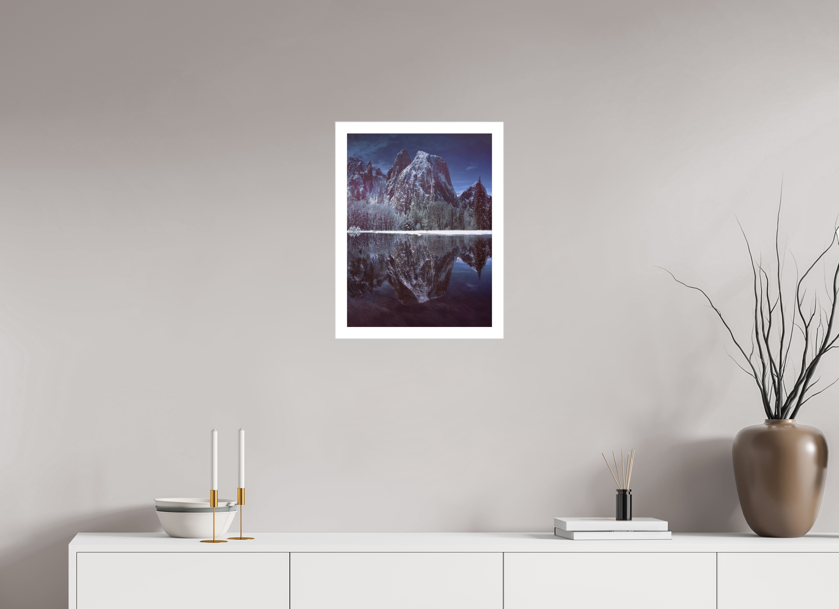 15 x 20″, Fine Art Bonded Acrylic Cathedral Rocks & Reflection in Snow