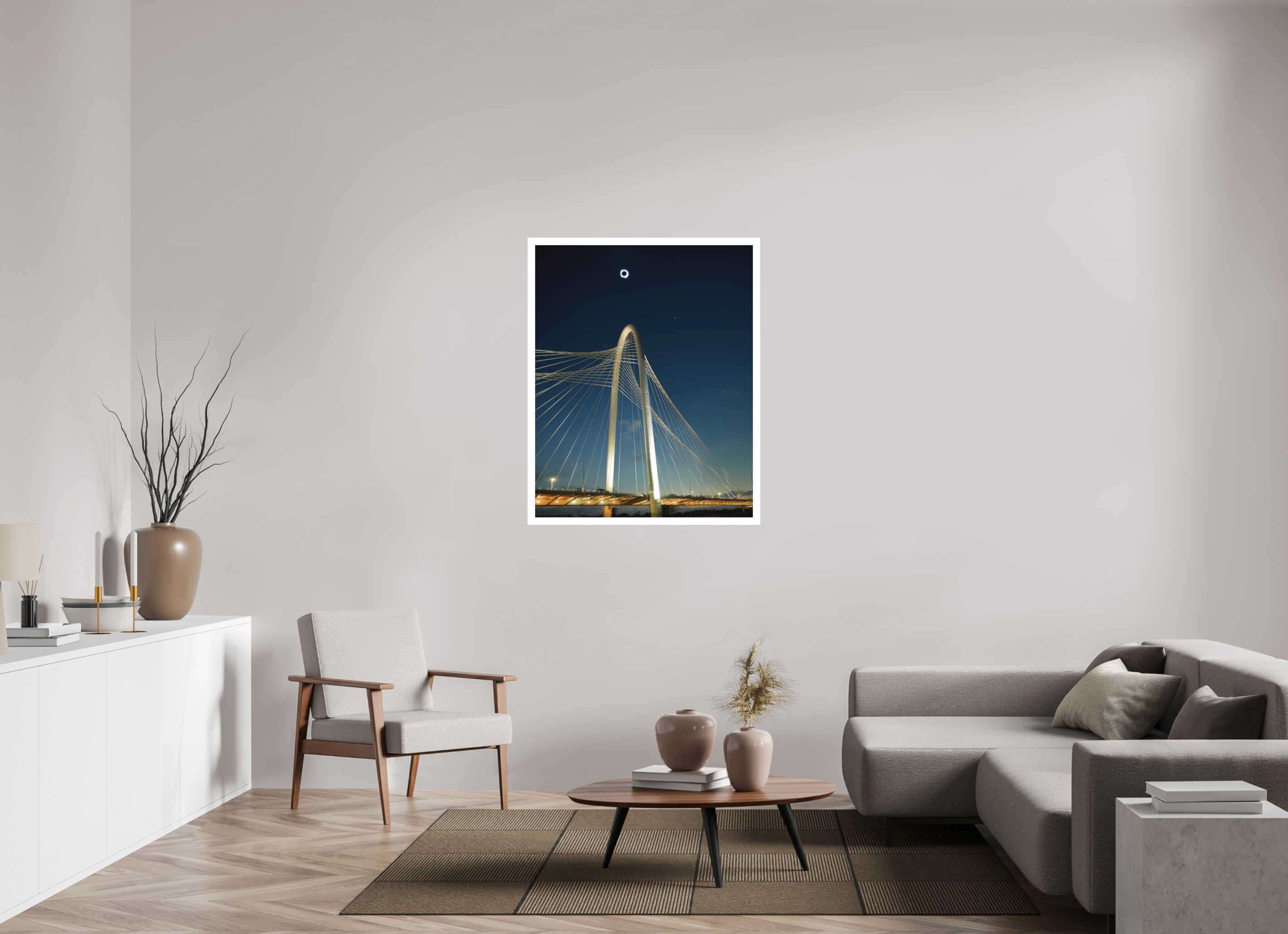 35 x 43.7″, Bonded Acrylic Mat + Silver Frame 2024 Eclipse: Over Margaret Hunt Hill Bridge