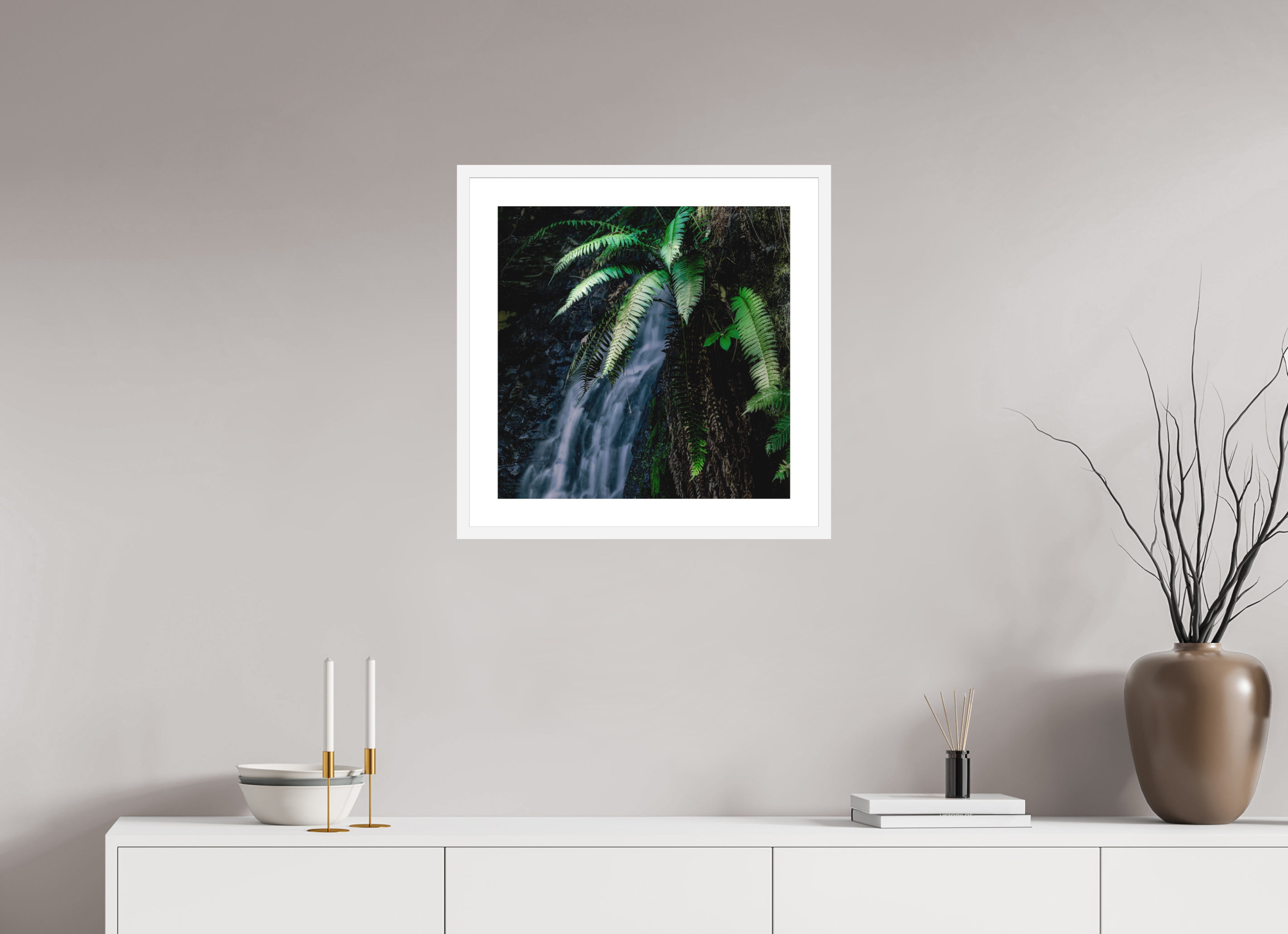 20 x 20″, Passe-Partout White Frame Sword Ferns on Tiptoe FallsI