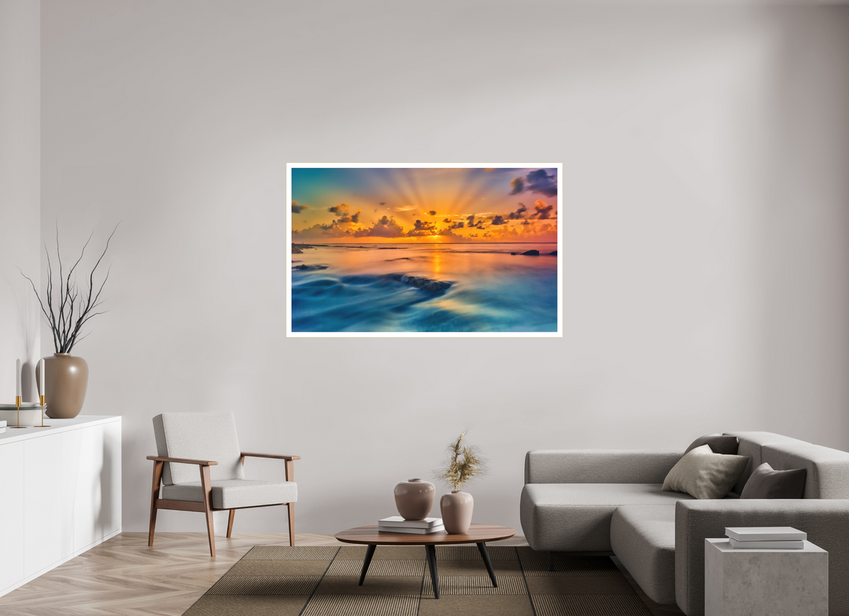 63.2 x 39″, Bonded Acrylic Mat + Gold Frame Diluvian: Bora Bora Reefside Sunrise