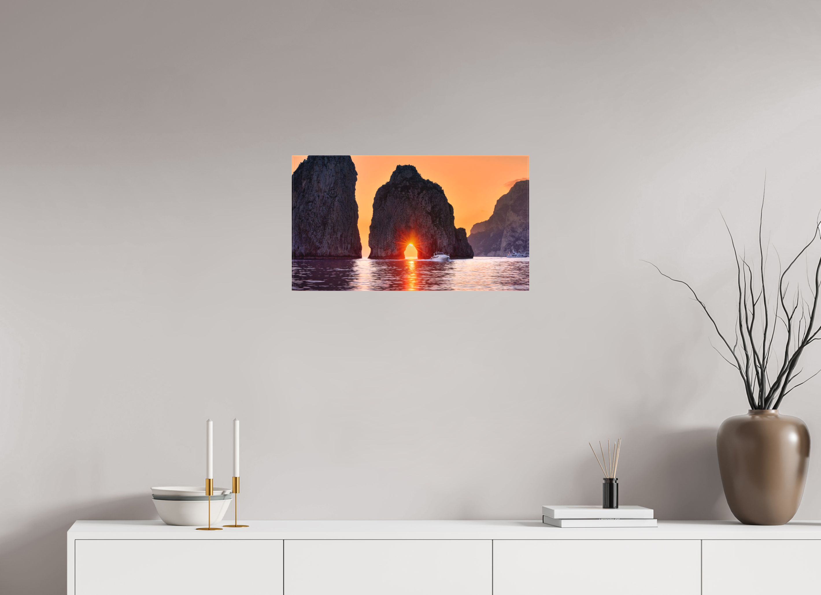 24 x 13.5″, Fine Art Textile Leaving Capri—Faraglioni Sunstar at Sunset