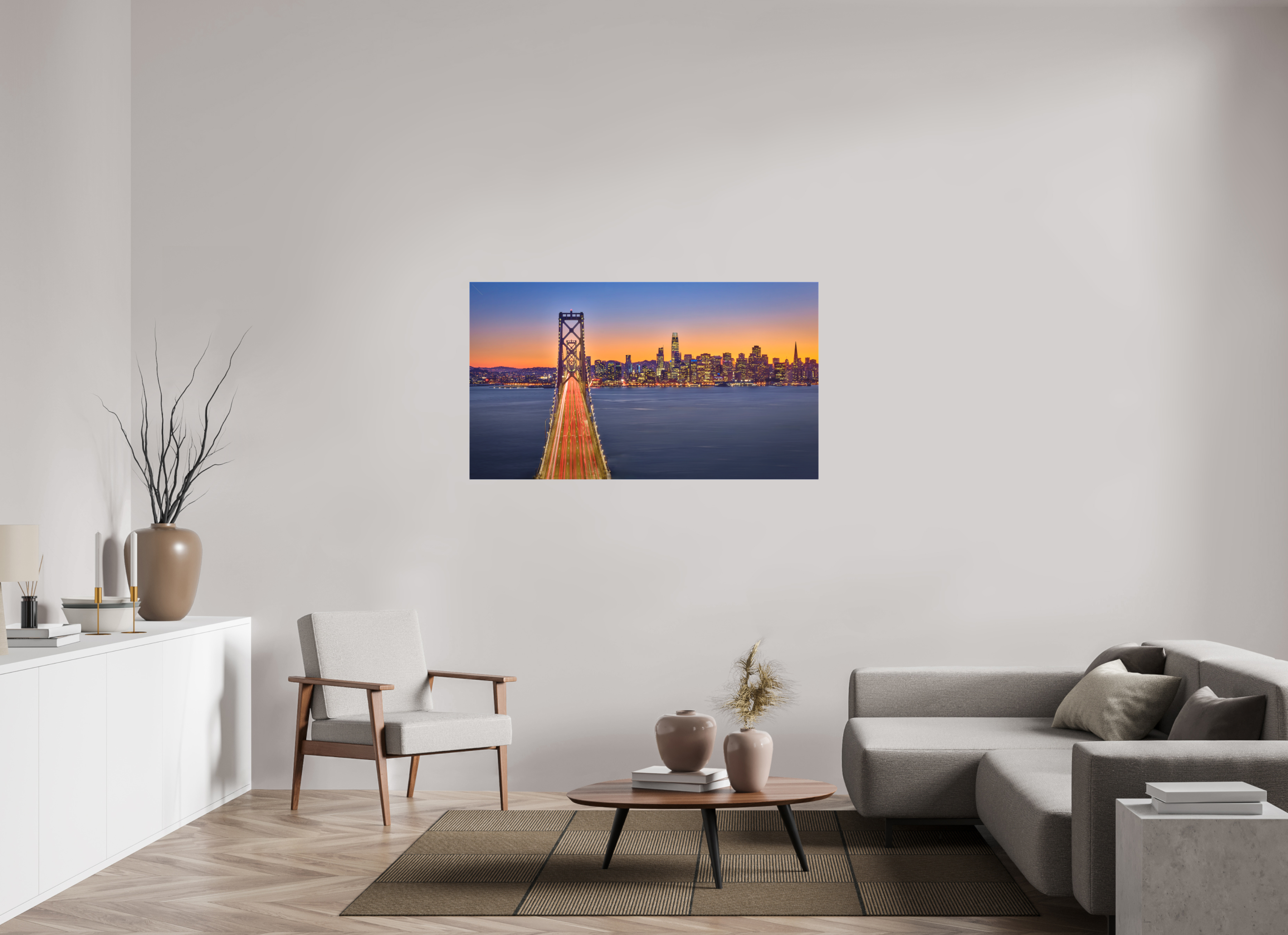 55 x 30.9″, Fine Art Textile Bay Bridge & Sunset Over San Francsico