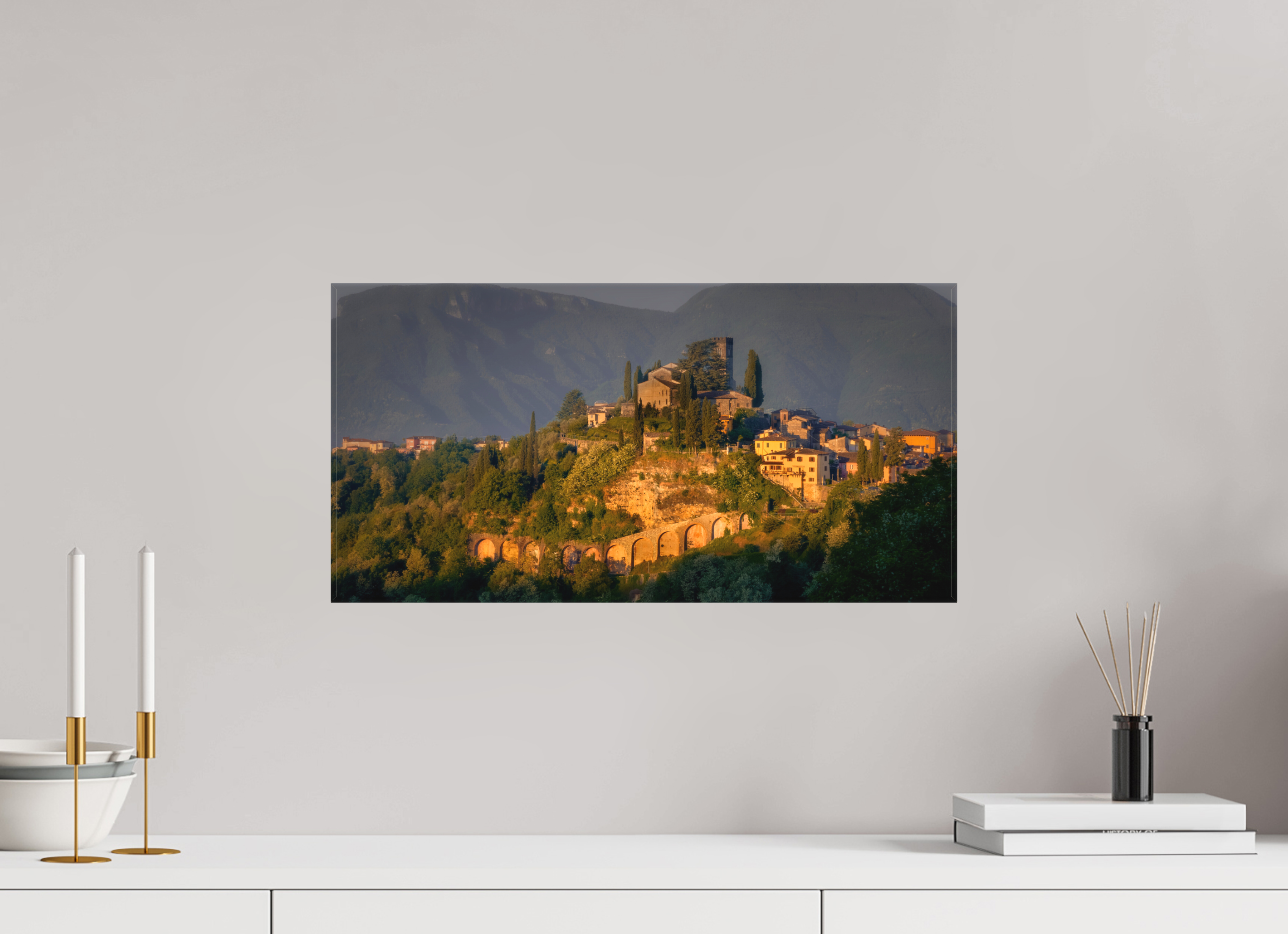20 x 10″, Fine Art Textile Morning Glow on Barga, Tuscany
