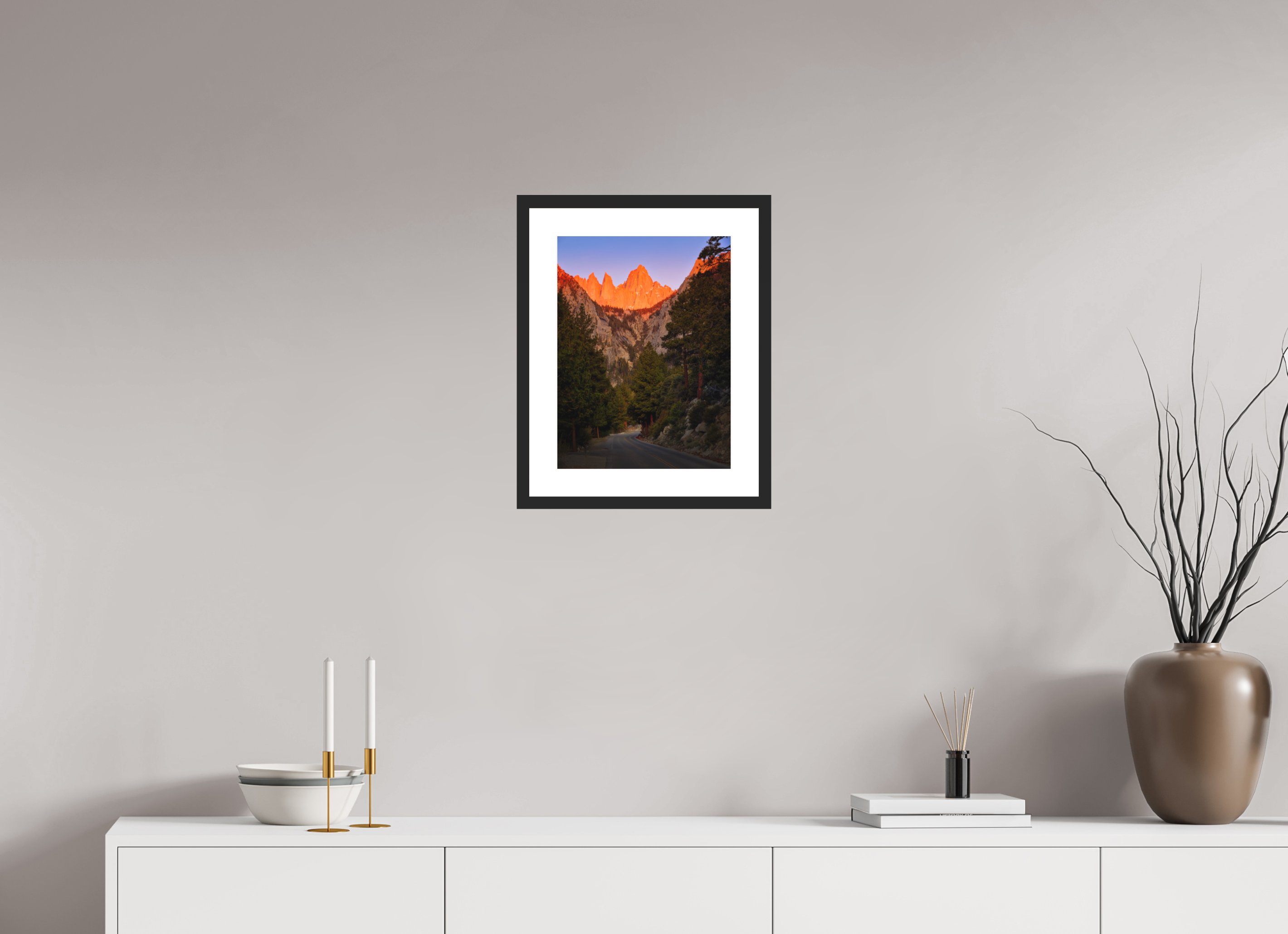 12 x 16″, Passe-Partout Black Frame Alpenglow on Mt. Whitney & Portal Road