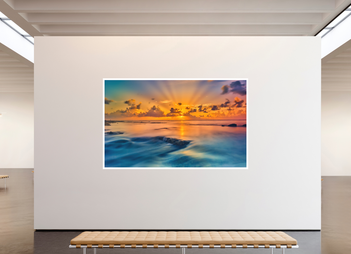 102 x 63″, Bonded Acrylic Mat + White Frame Diluvian: Bora Bora Reefside Sunrise