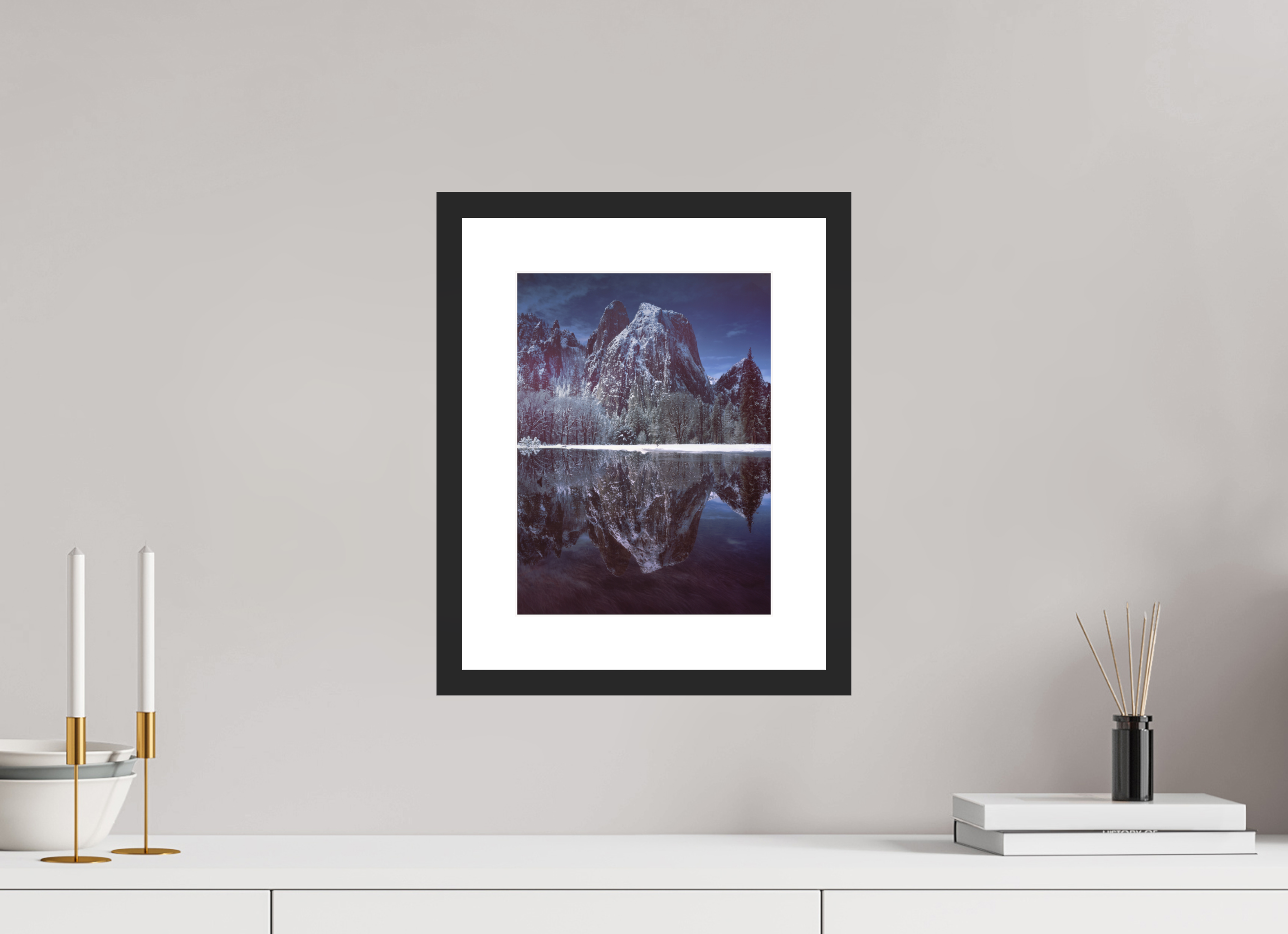 9 x 12″, Passe-Partout Black Frame Cathedral Rocks & Reflection in Snow