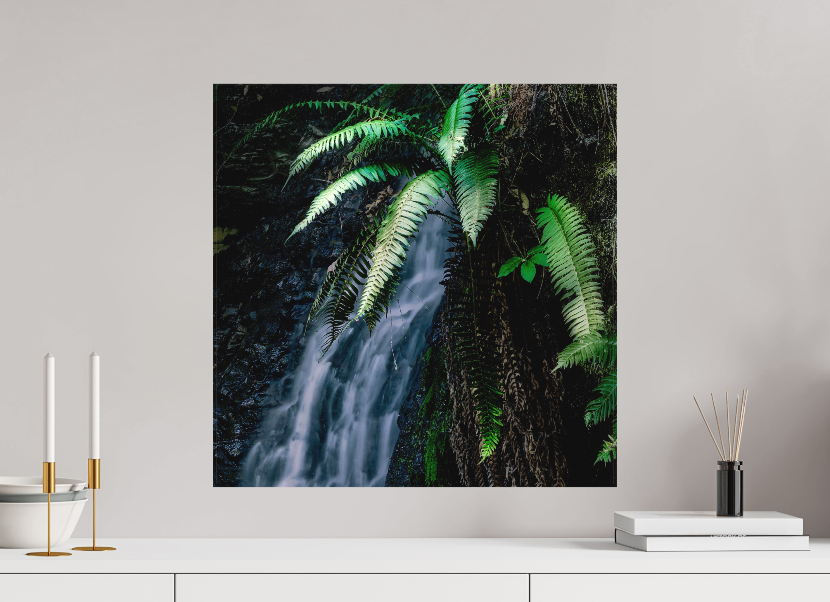 20 x 20″, Fine Art Textile Sword Ferns on Tiptoe FallsI
