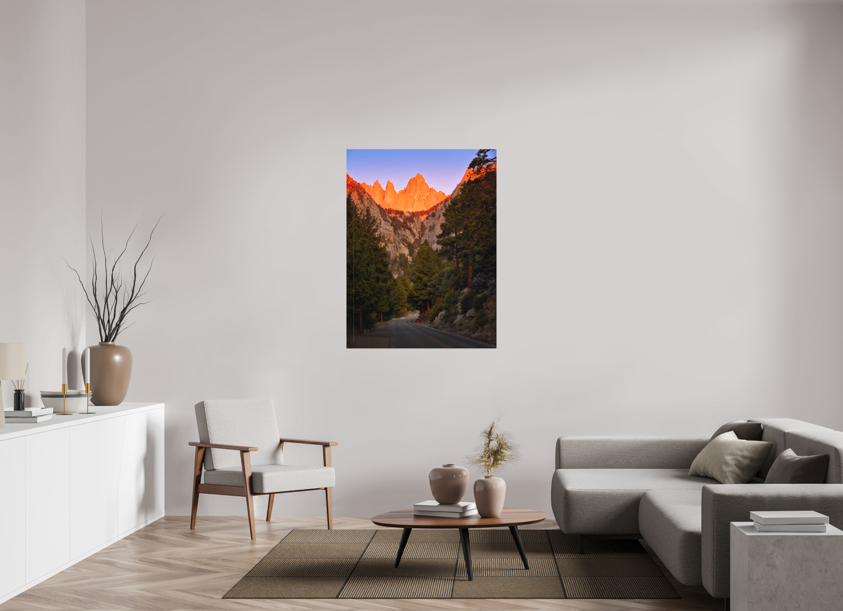 36 x 48″, Fine Art Textile Alpenglow on Mt. Whitney & Portal Road
