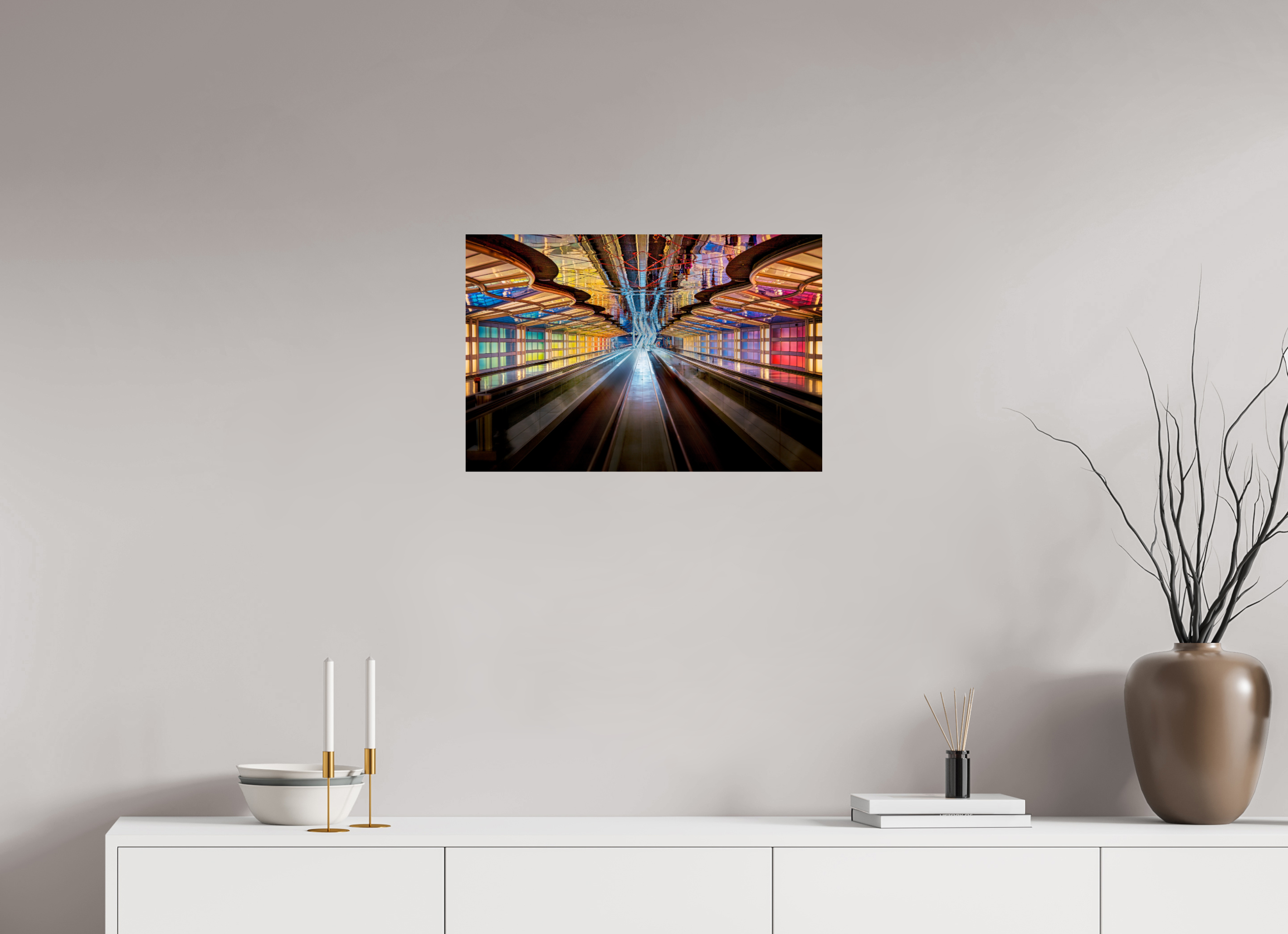 24 x 16″, Giclée Alu-Dibond Chicago O'Hare Airport's Neon Walkway