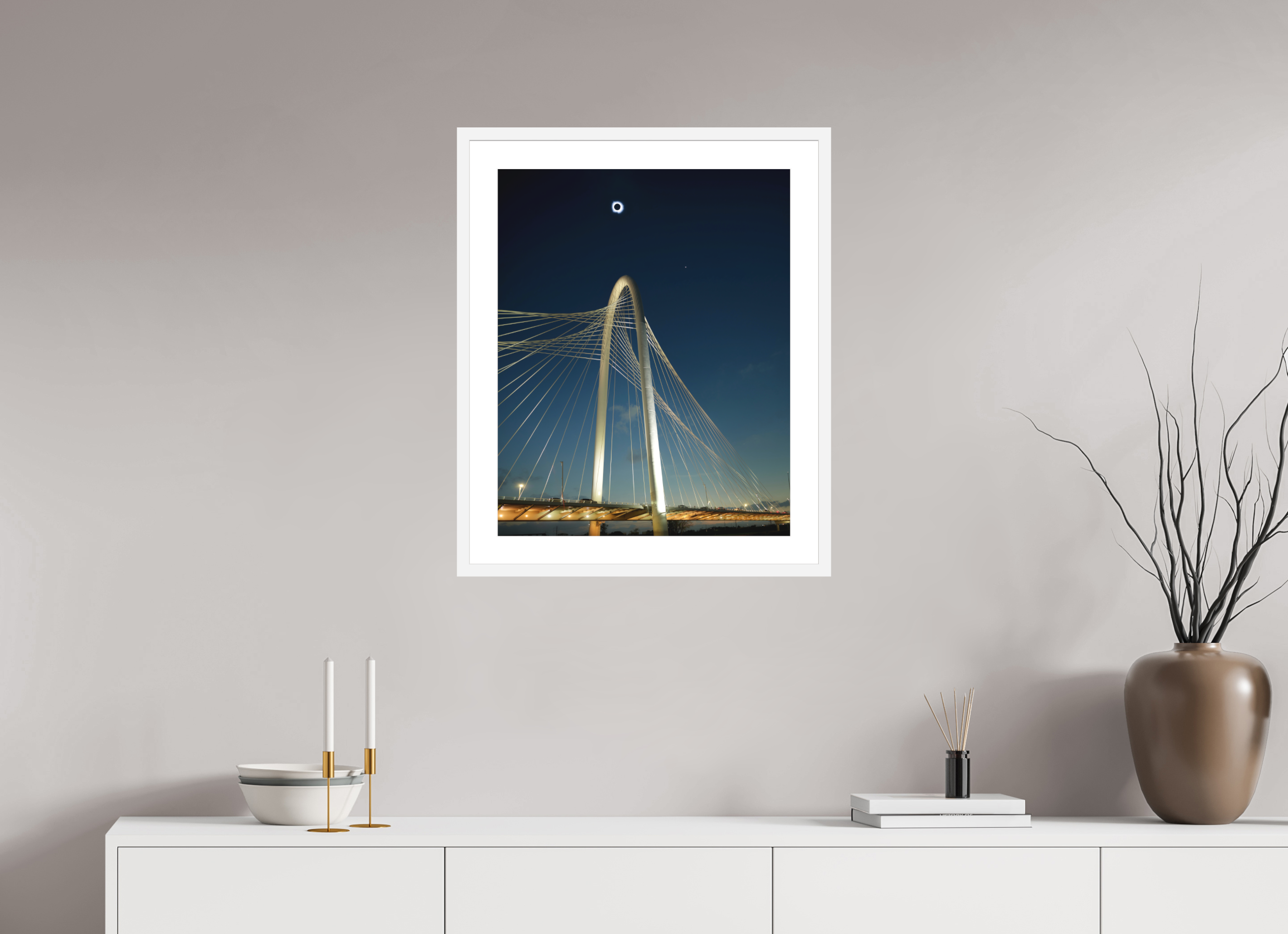 20 x 25″, Passe-Partout White Frame 2024 Eclipse: Over Margaret Hunt Hill Bridge
