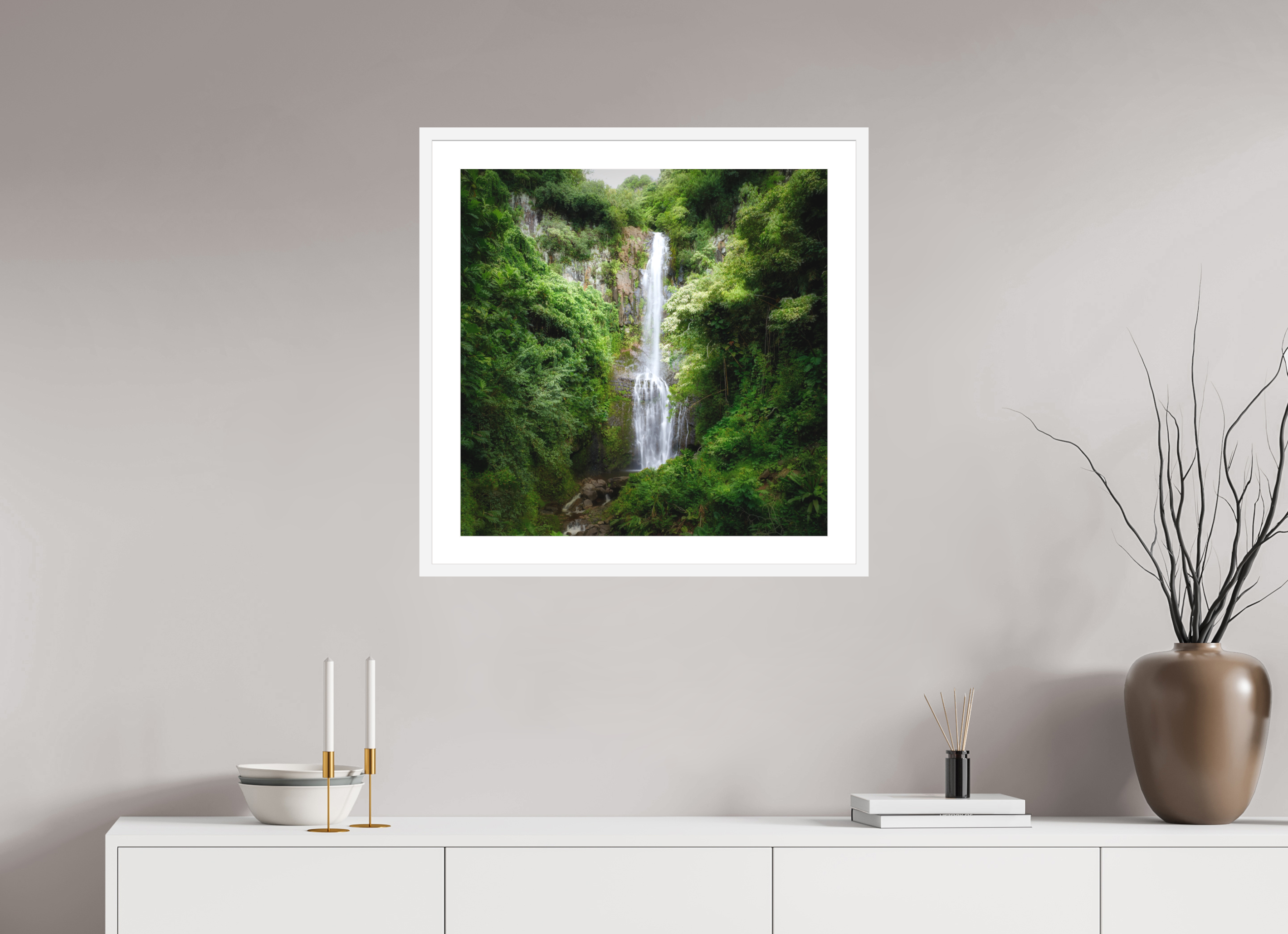 25 x 25″, Passe-Partout White Frame Maui's Makahiku Falls