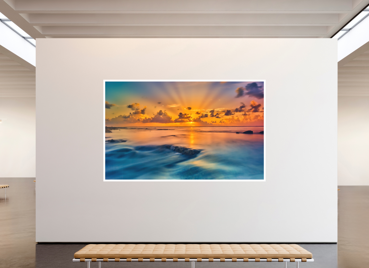 108.5 x 67″, Bonded Acrylic Mat + White Frame Diluvian: Bora Bora Reefside Sunrise