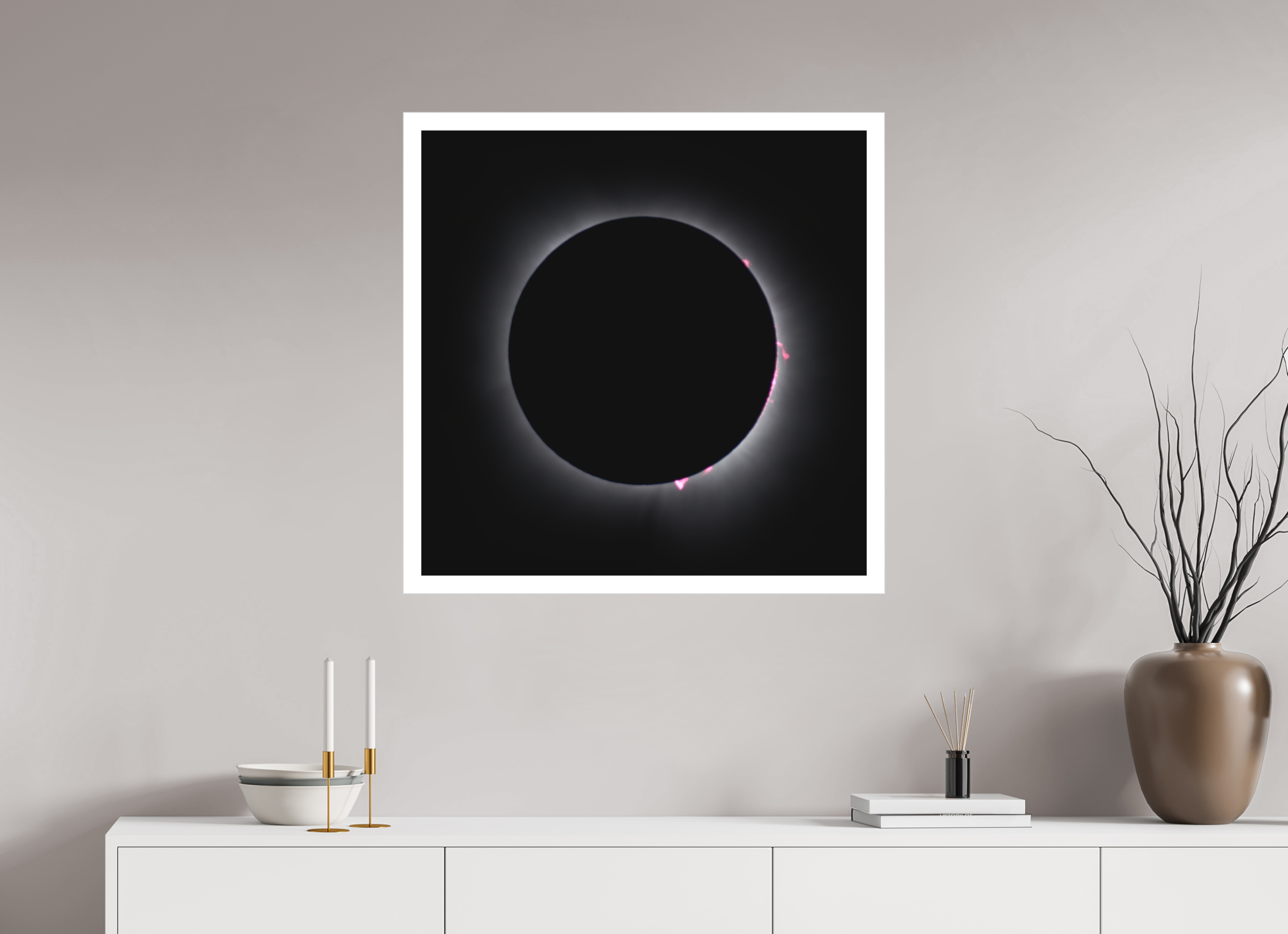 30 x 30″, Bonded Acrylic Mat + Silver Frame 2024 Eclipse: Totality & Baily's Beads