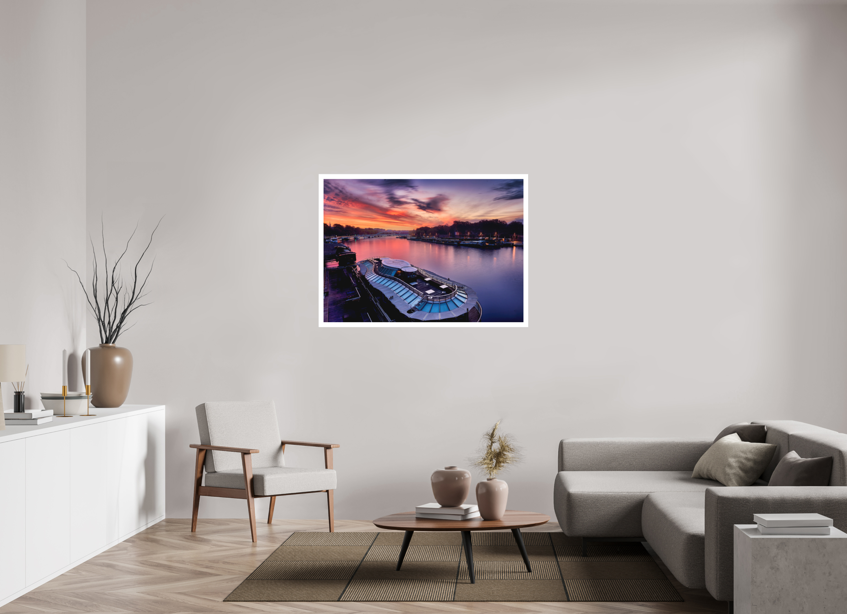 48.8 x 35″, Fine Art Bonded Acrylic Canal Boats On the River Seine at Dawn
