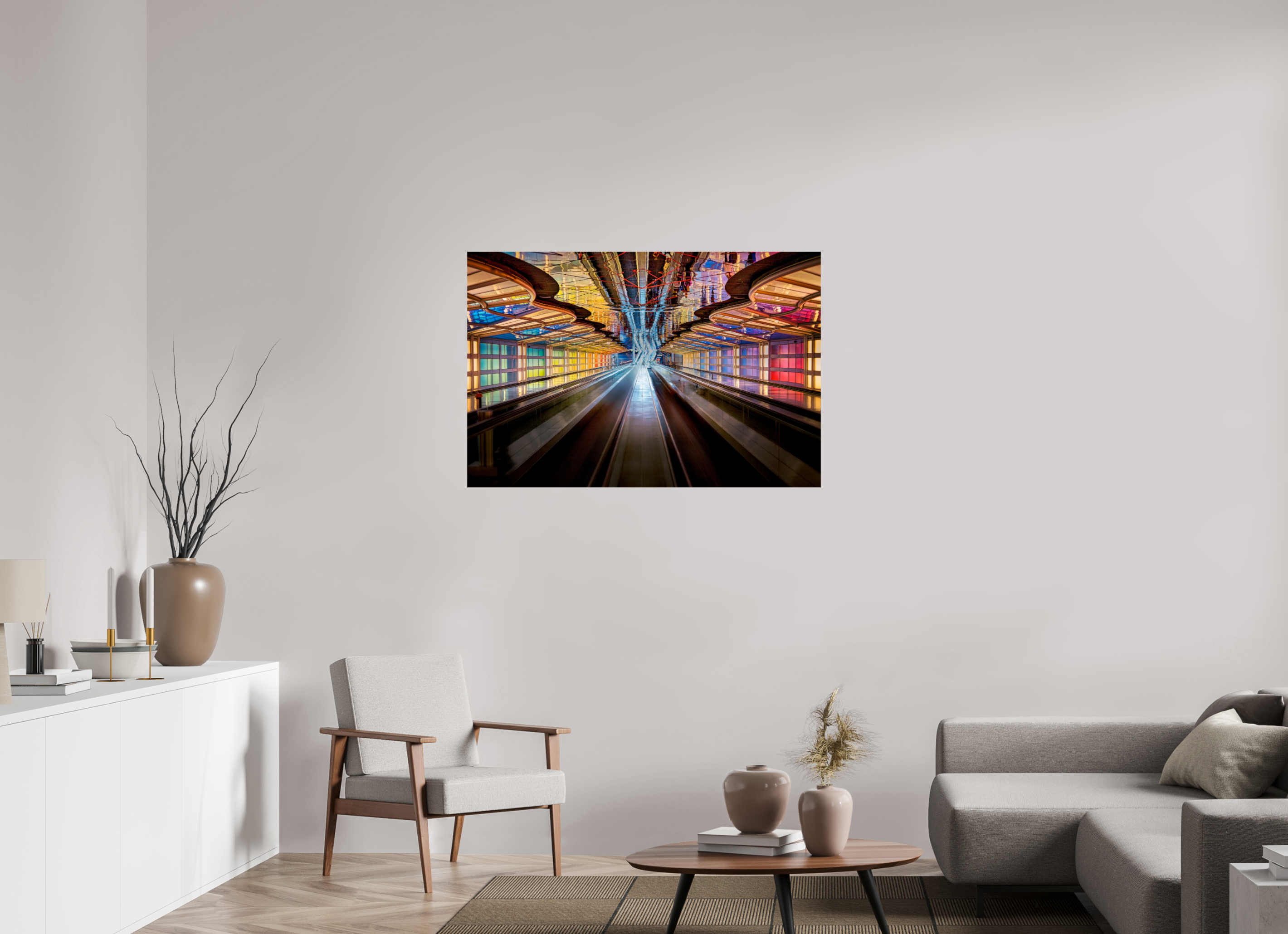 45 x 30″, Giclée Alu-Dibond Chicago O'Hare Airport's Neon Walkway