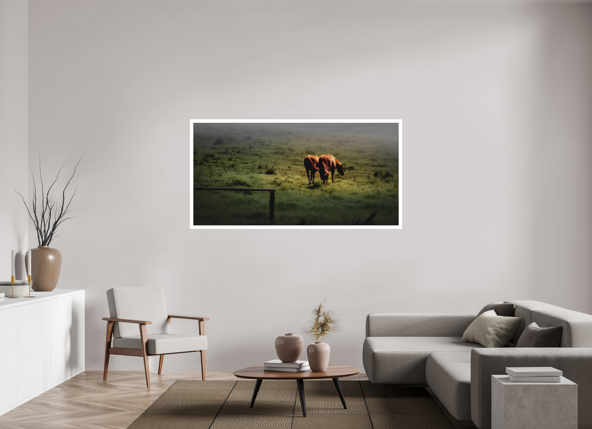 70 x 35″, Bonded Acrylic Mat + Silver Frame Upcountry Maui: Horses in Mist & Light