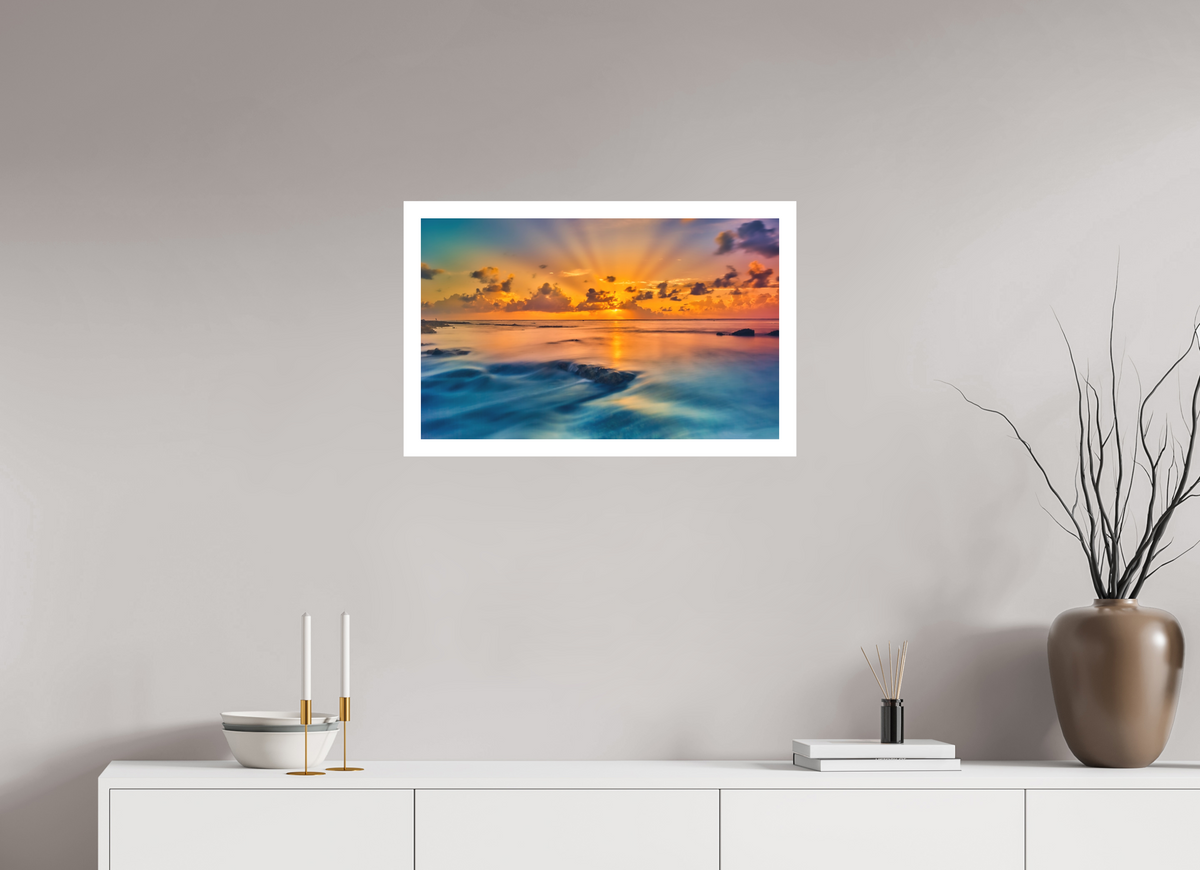 25.9 x 16″, Bonded Acrylic Mat + White Frame Diluvian: Bora Bora Reefside Sunrise